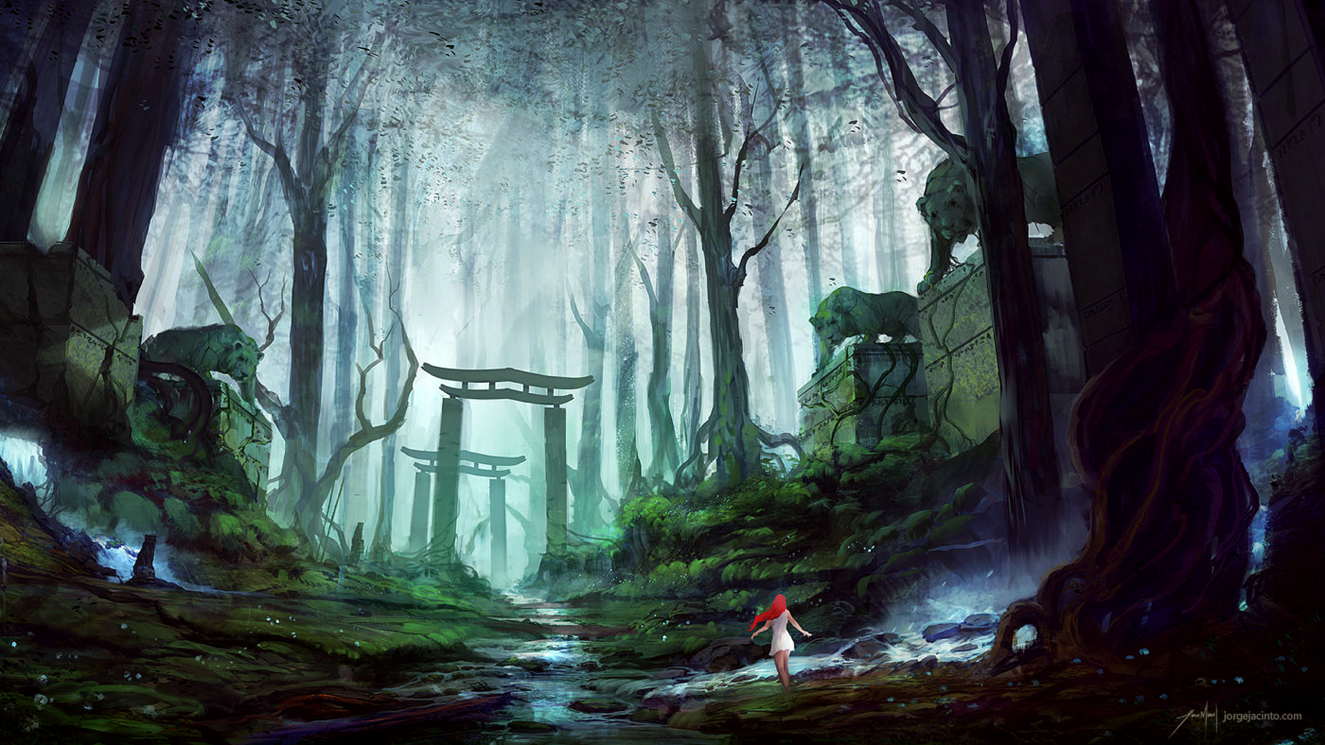 Fantasy forest with ancient ruins and a lone woman HD Wallpaper