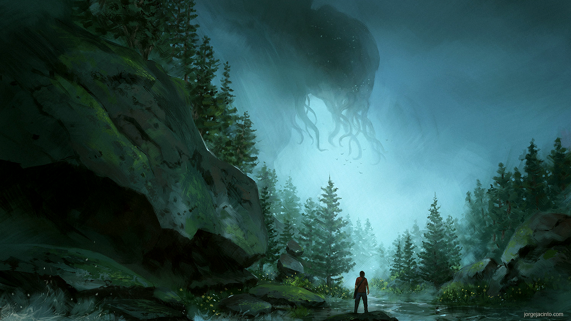 Cthulhu creature looms over a lone figure in a forest HD Wallpaper