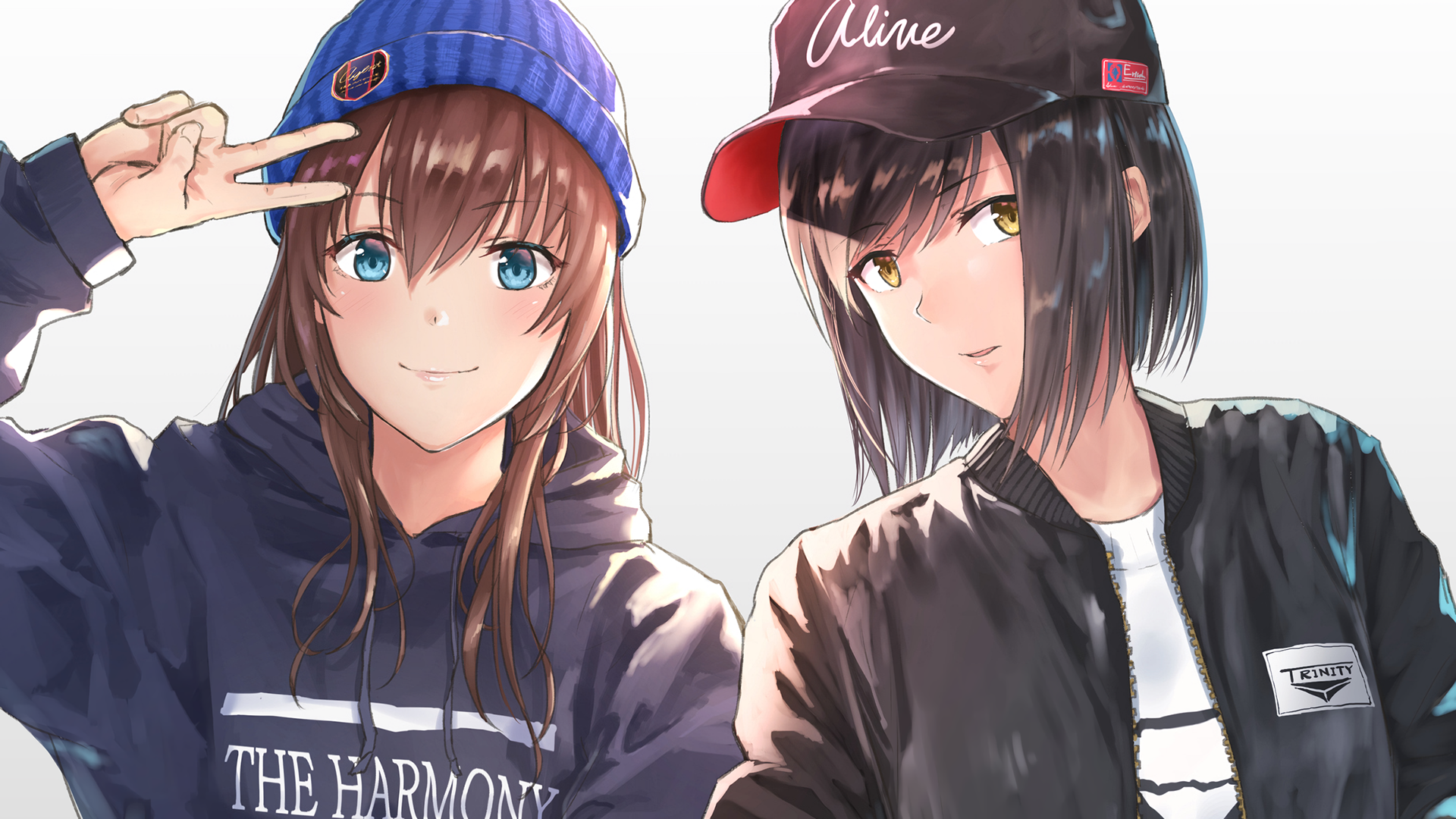 Two anime girls in streetwear HD Wallpaper