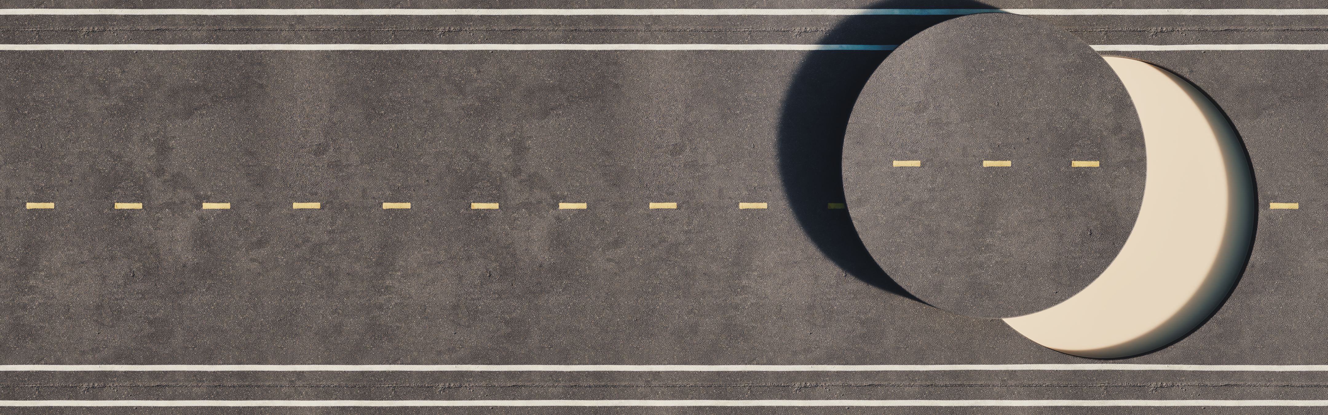 Asphalt road with a circular cutout revealing a crescent shape HD Wallpaper