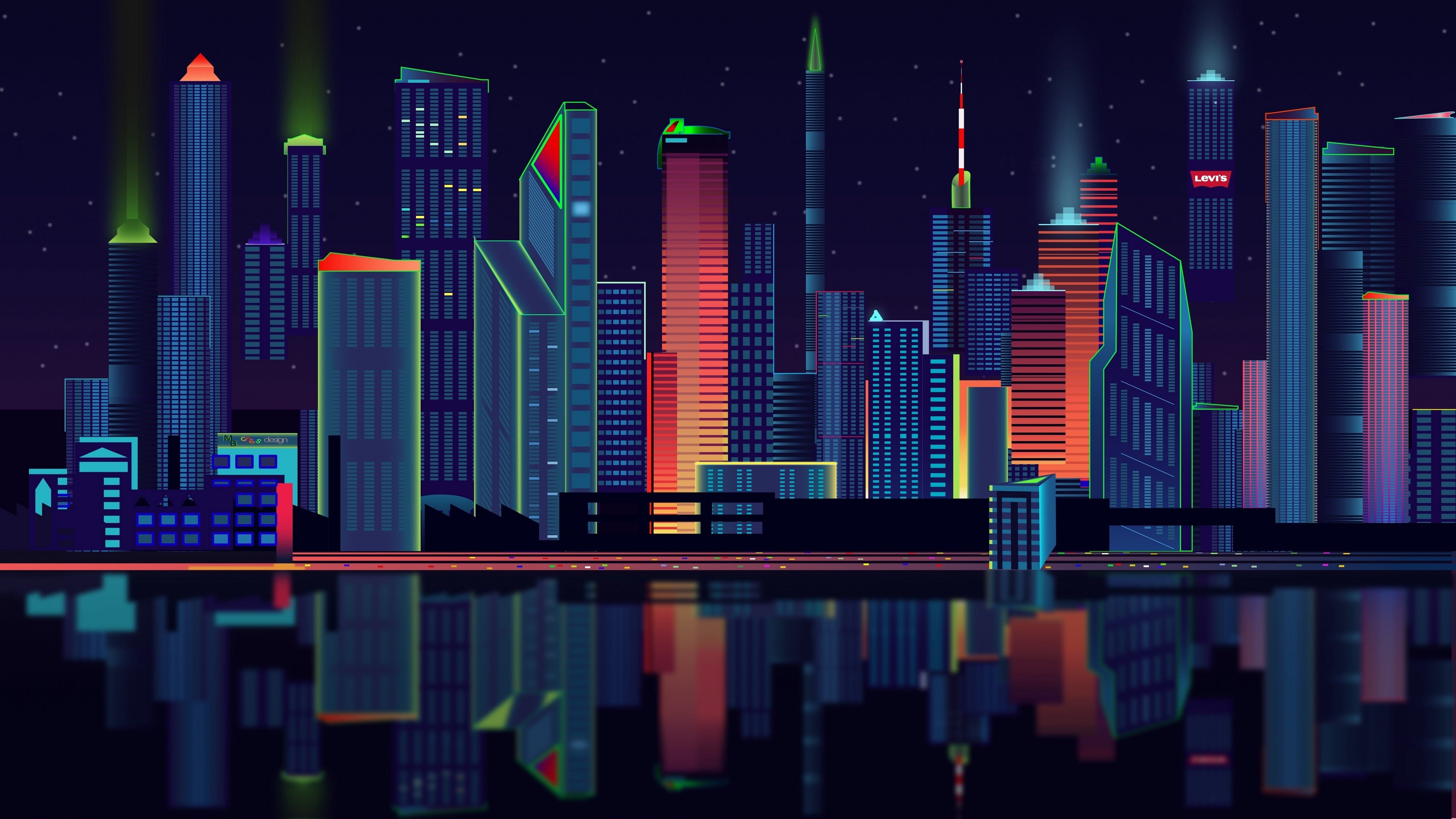 4K Vector Cityscape at Night with Reflections HD Wallpaper