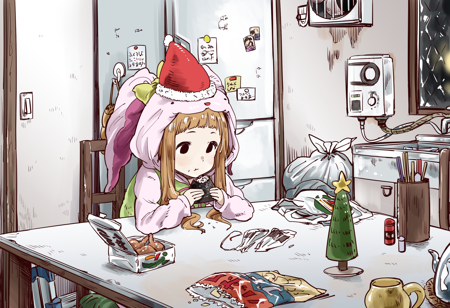Anime girl in Santa hat eating onigiri HD Wallpaper