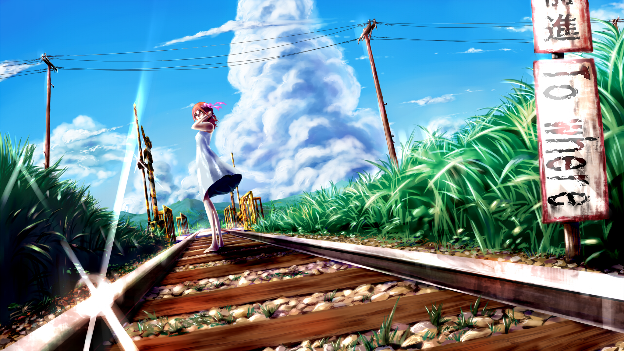 Anime girl on railroad tracks with clouds HD Wallpaper