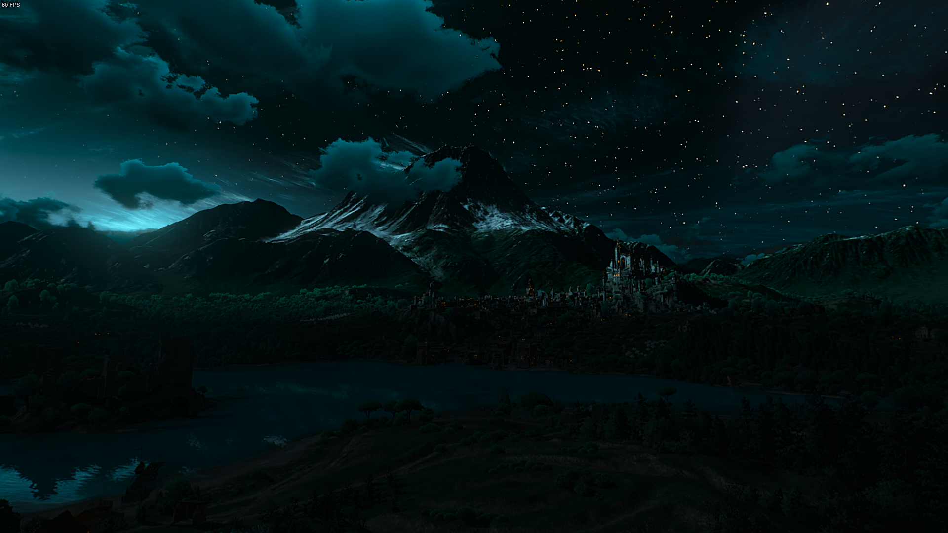 The Witcher 3: Toussaint at night with mountains and a lake HD Wallpaper