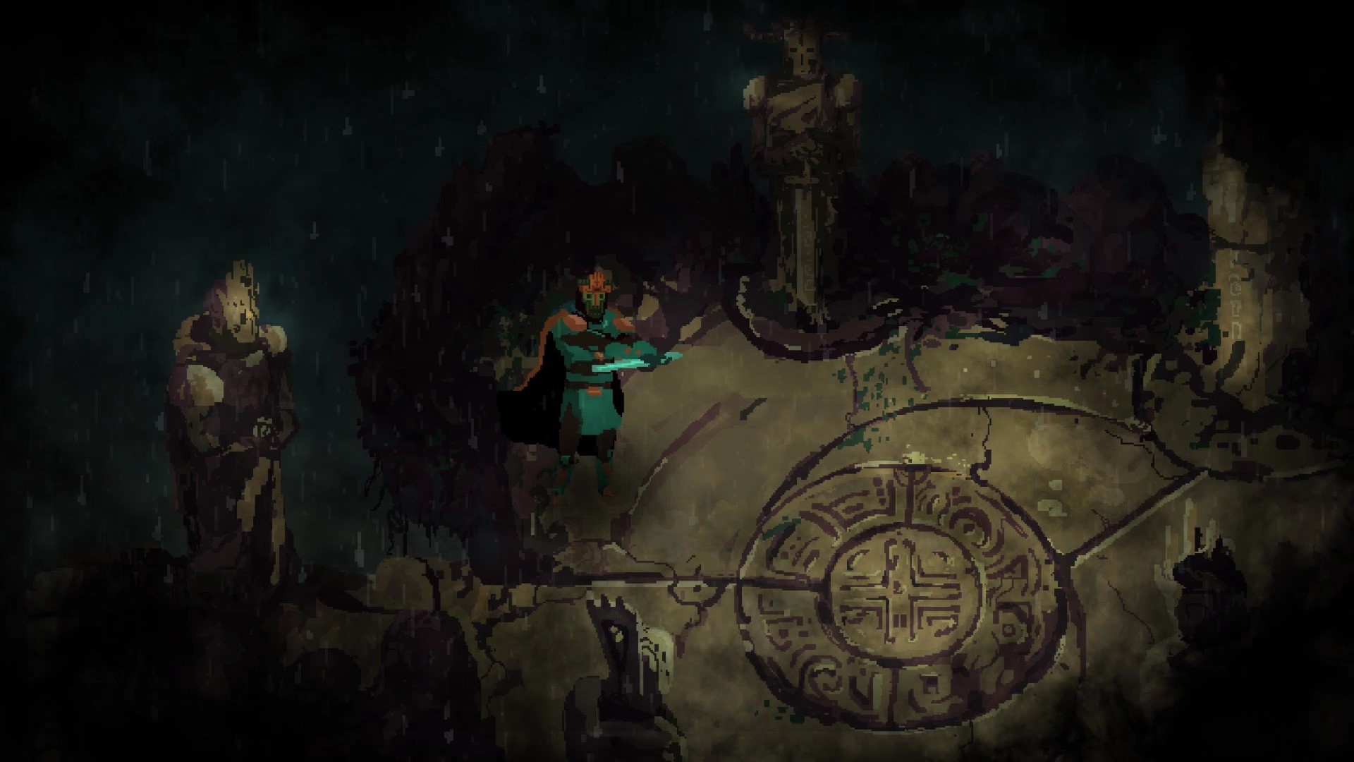 Character from Children of Morta in a dark, rainy environment HD Wallpaper