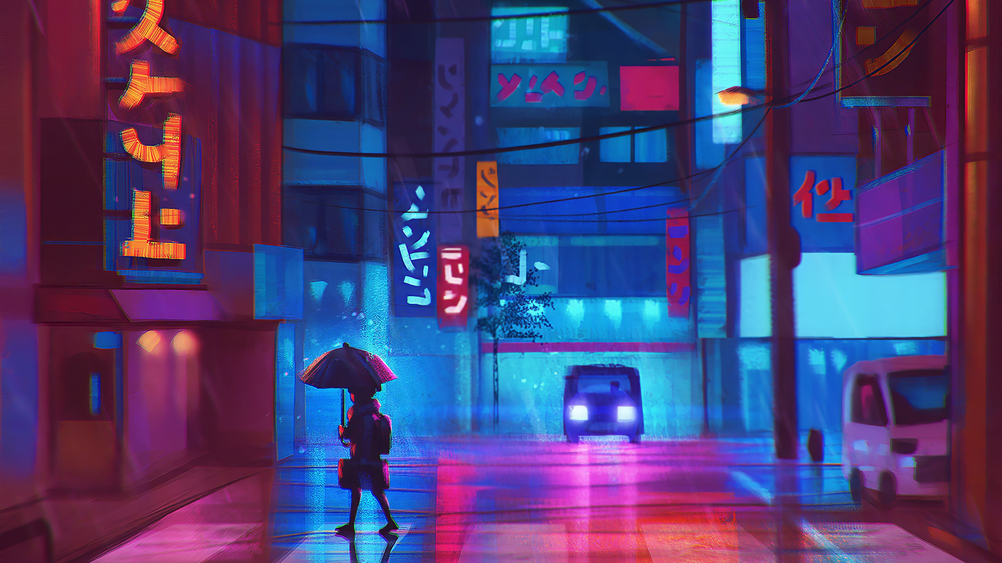 Anime street with neon signs and a person with an umbrella HD Wallpaper