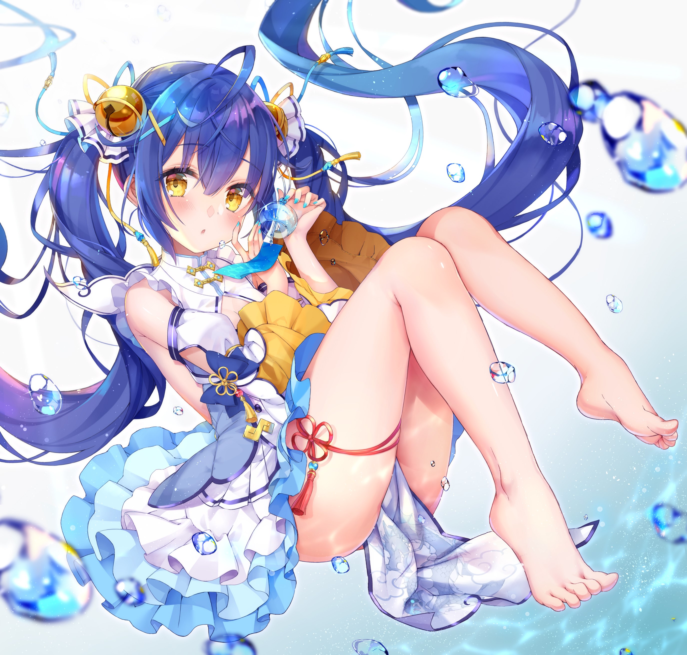 Anime girl with blue hair and yellow eyes HD Wallpaper