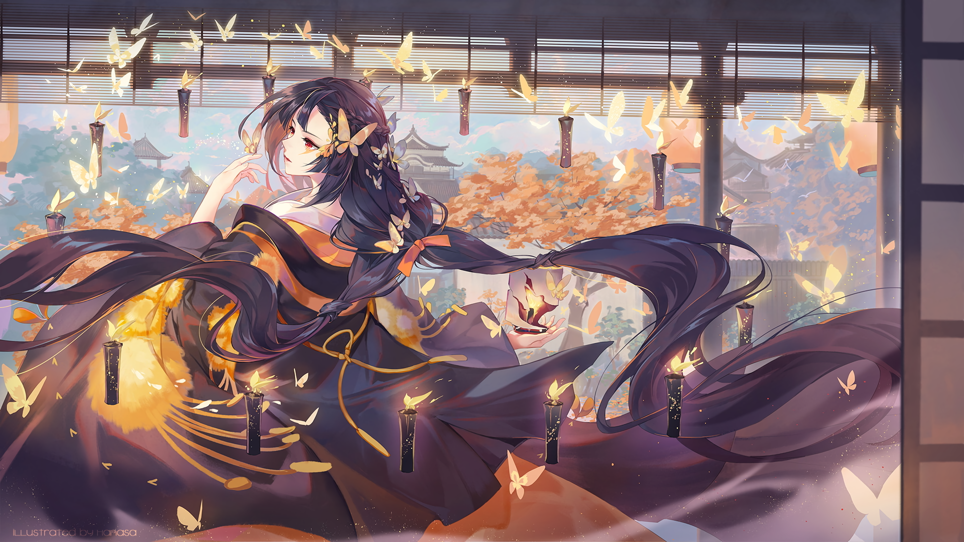 Woman in kimono surrounded by butterflies and candles HD Wallpaper