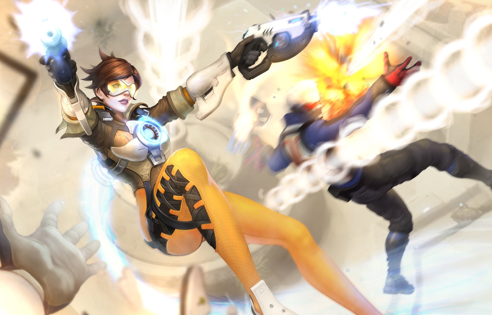 Tracer from Overwatch shooting a gun HD Wallpaper
