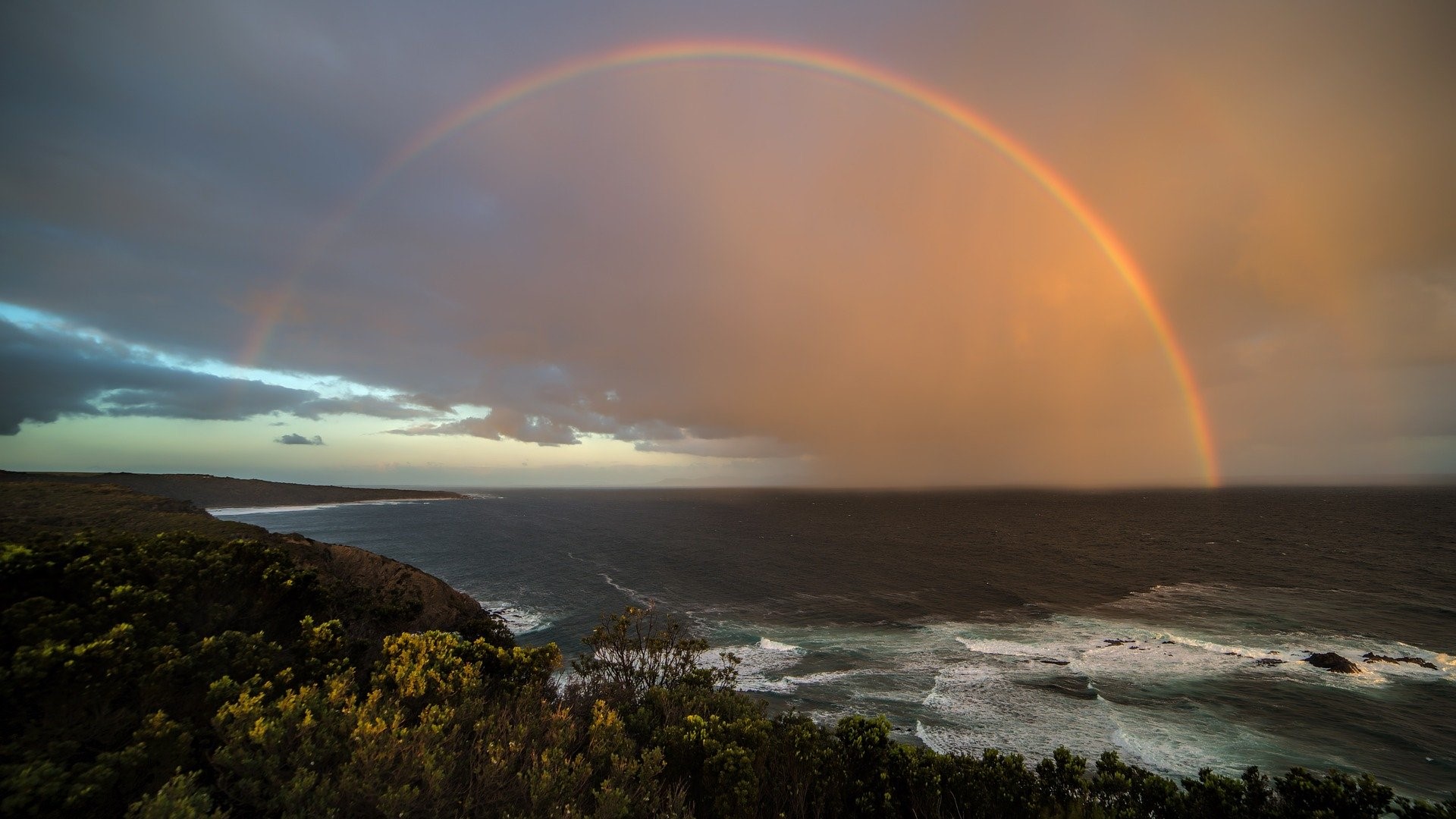 Double rainbow over the ocean and coastline HD Wallpaper