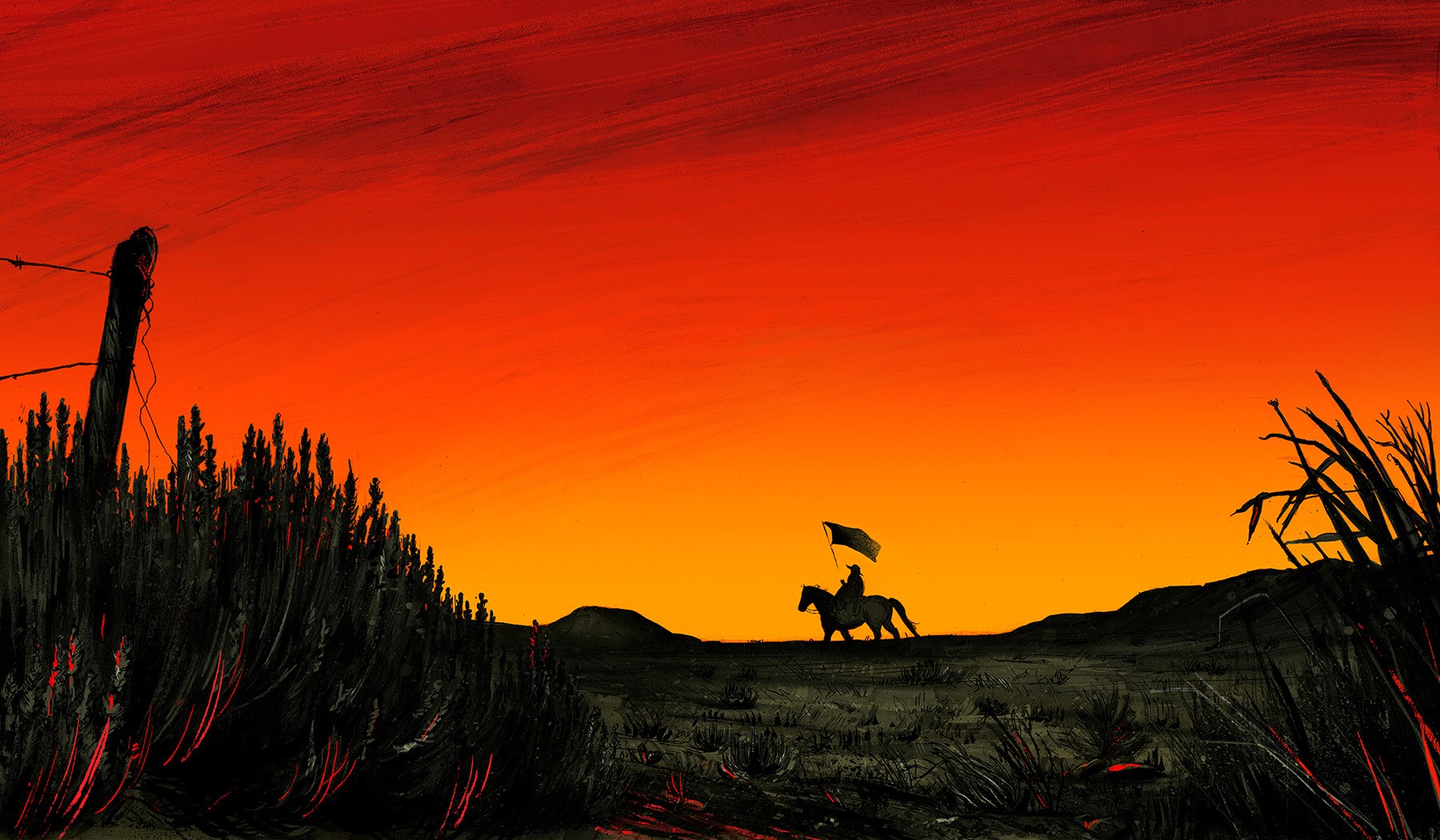 Horseman with flag at sunset HD Wallpaper