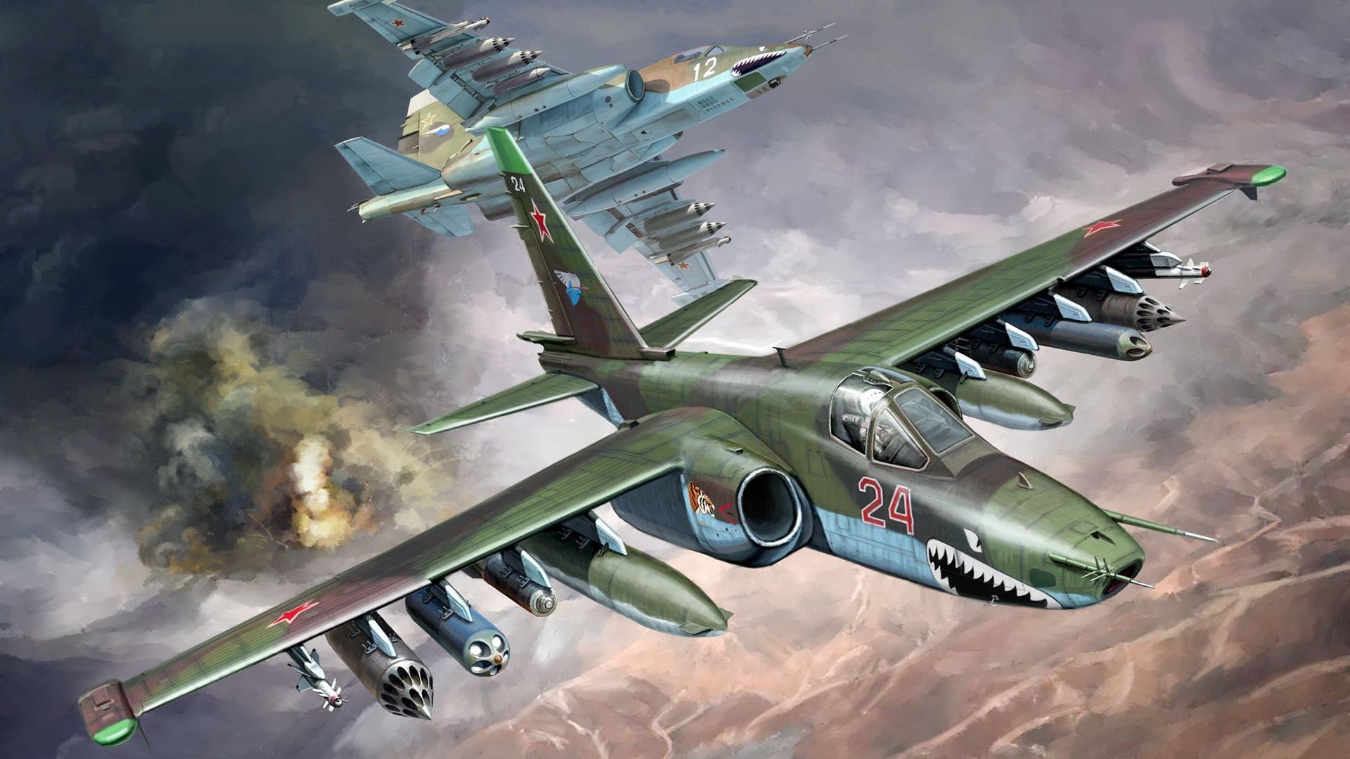 Two Sukhoi SU-25 Frogfoot military aircraft in flight HD Wallpaper