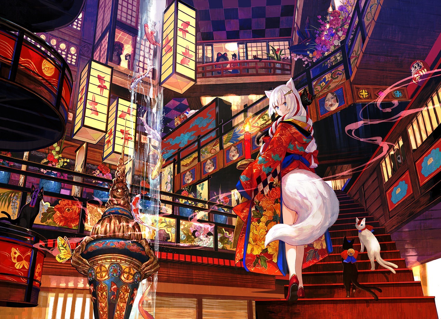 Anime Fox Girl in Japanese Kimono with Cats HD Wallpaper
