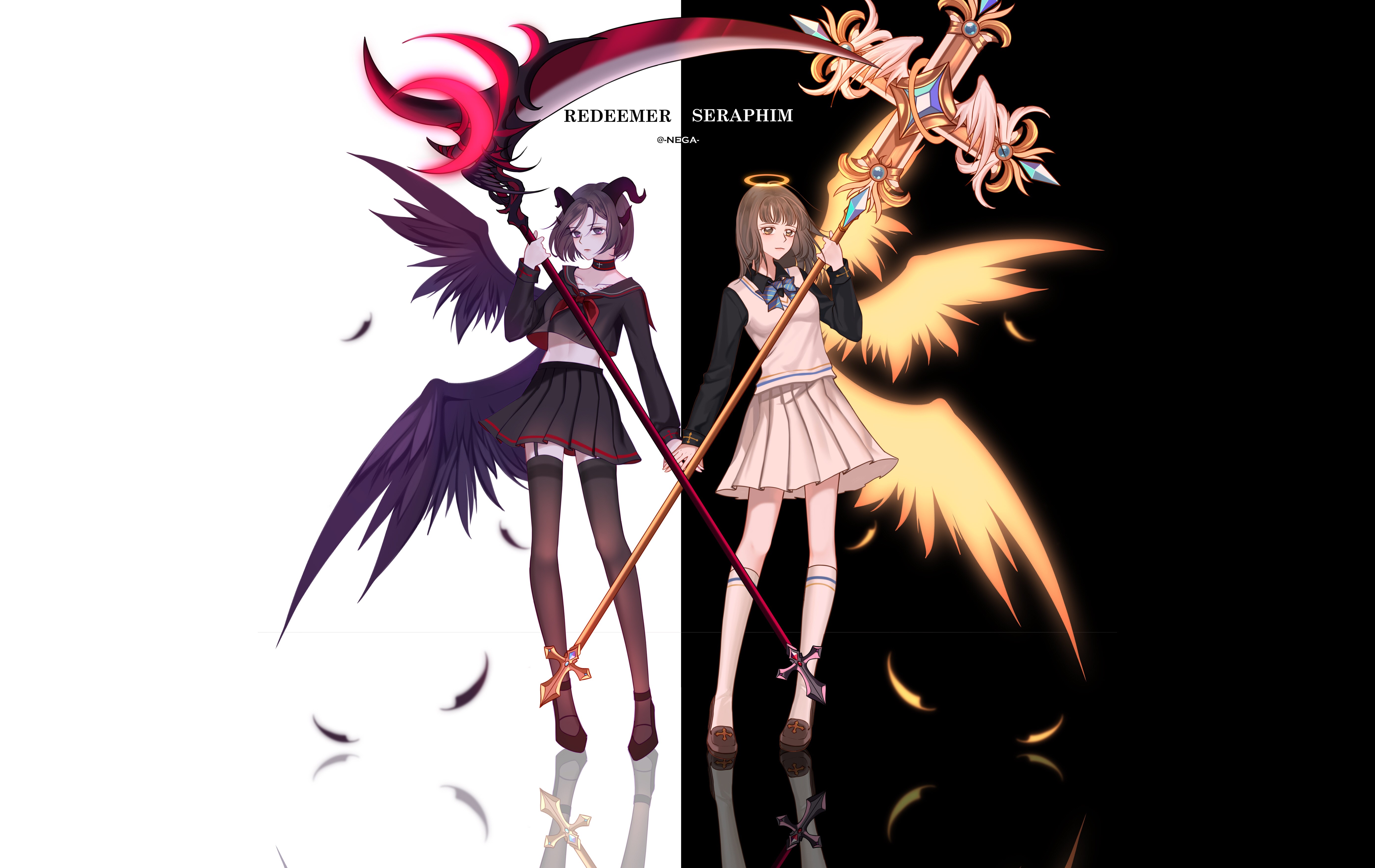Redeemer Seraphim anime girls with scythe and staff HD Wallpaper