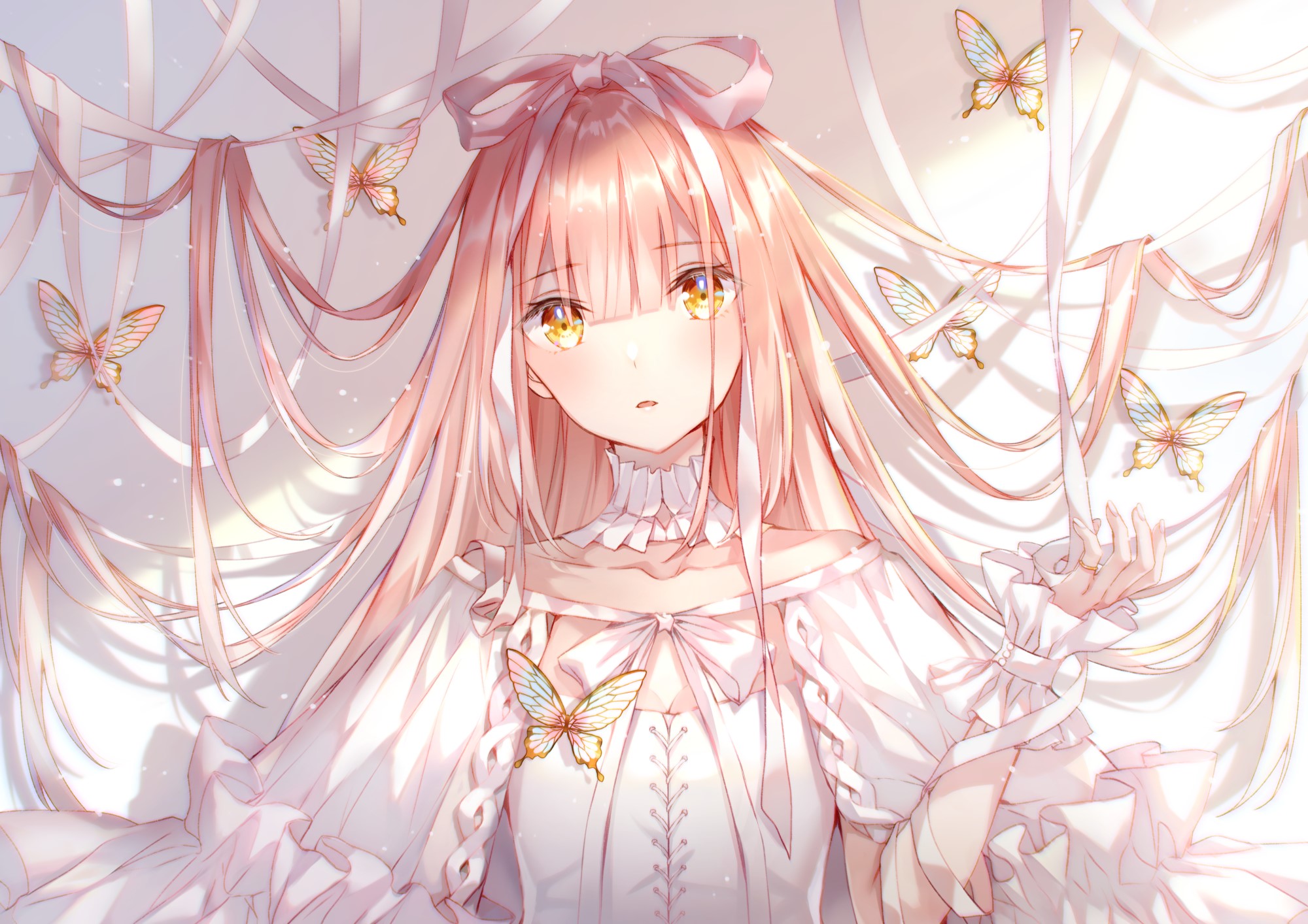 Anime Girl with Pink Hair and Butterflies HD Wallpaper