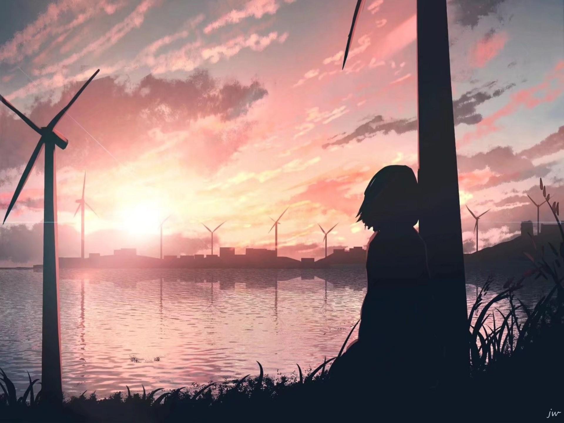 Anime girl silhouetted against a sunset with windmills HD Wallpaper