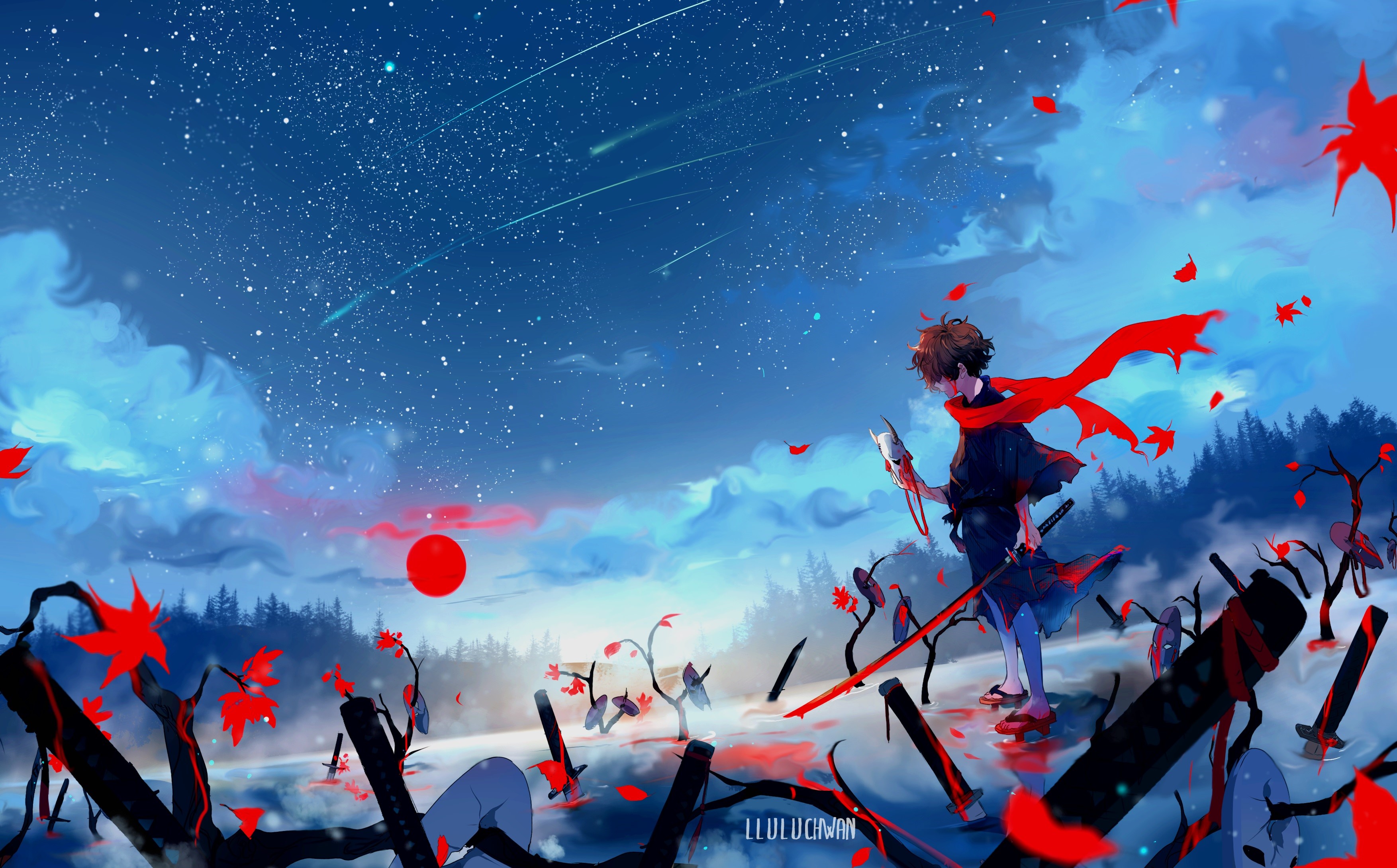 Anime character with swords under starry sky HD Wallpaper