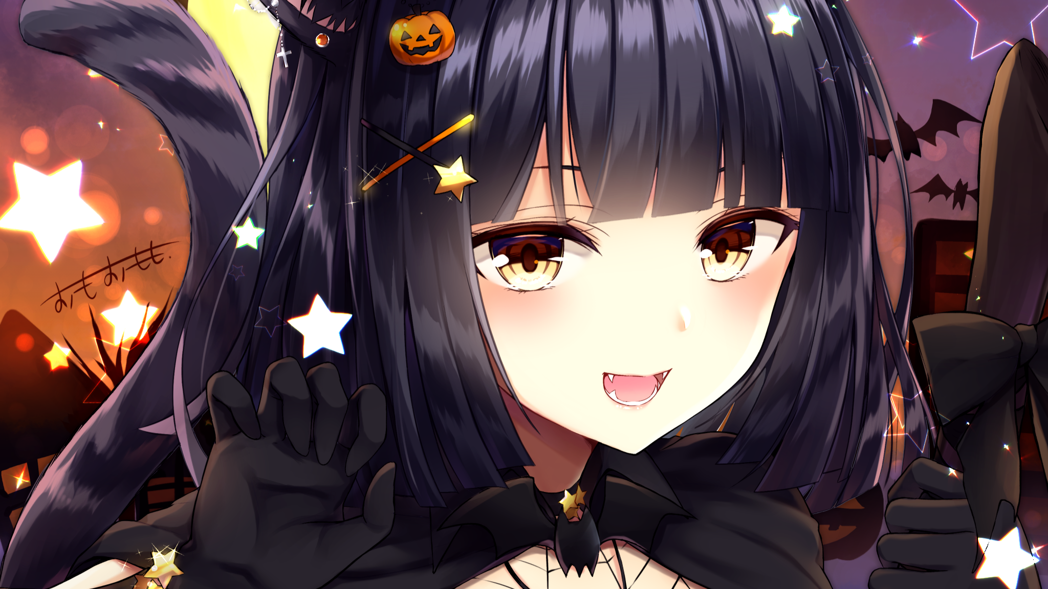 Anime Cat Girl in Halloween Costume with Pumpkin Hair Clip HD Wallpaper
