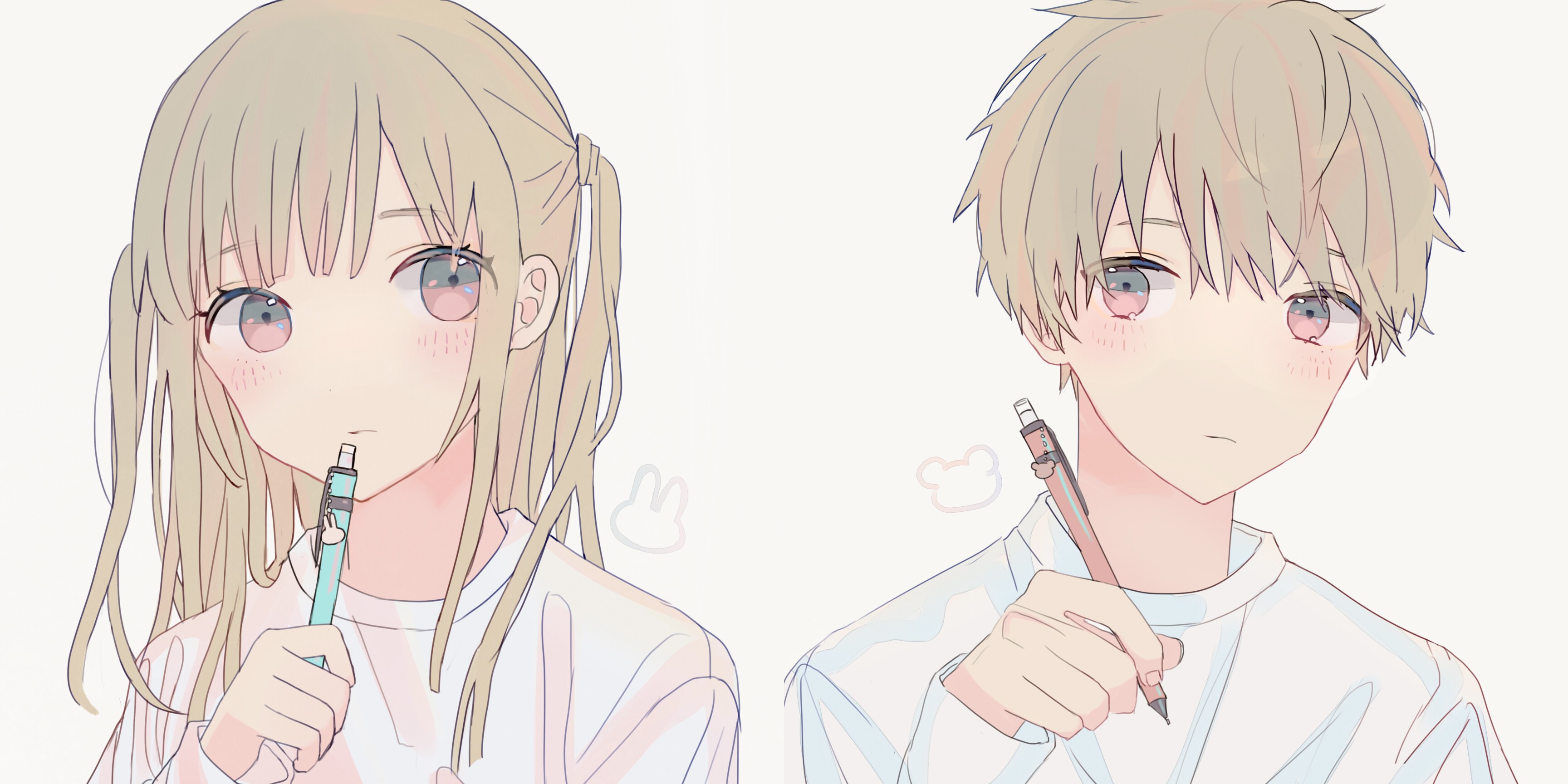 Anime girl and boy holding pens HD Wallpaper