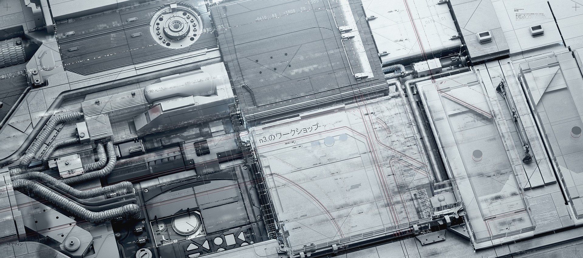 Abstract futuristic machinery with blueprints HD Wallpaper