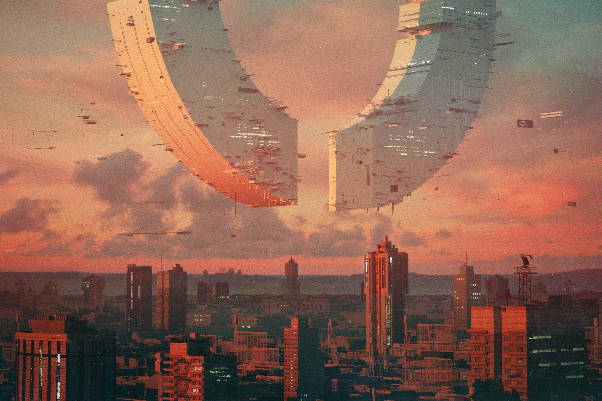 Futuristic cityscape with a massive ring structure HD Wallpaper