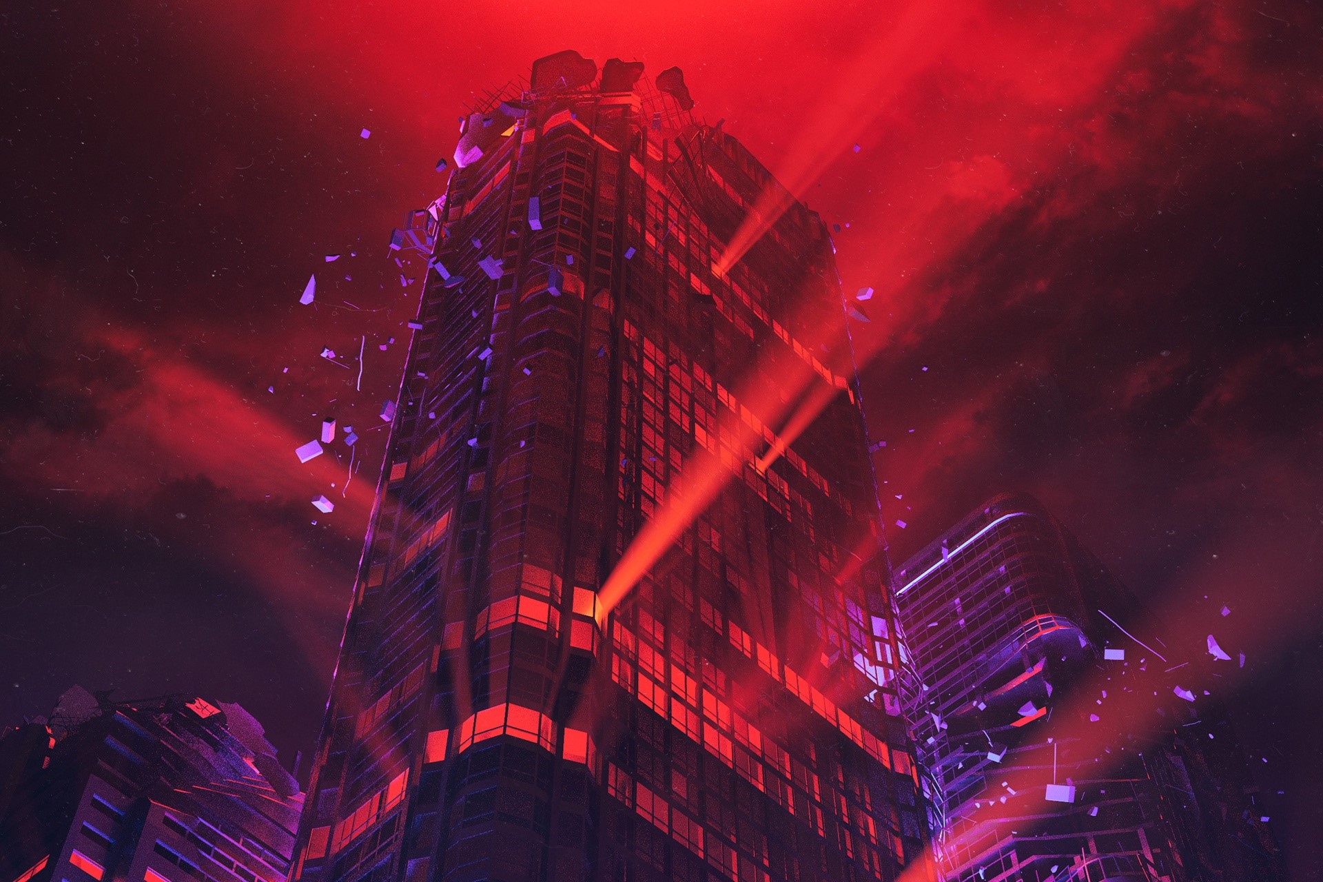 Futuristic city in red light with debris HD Wallpaper
