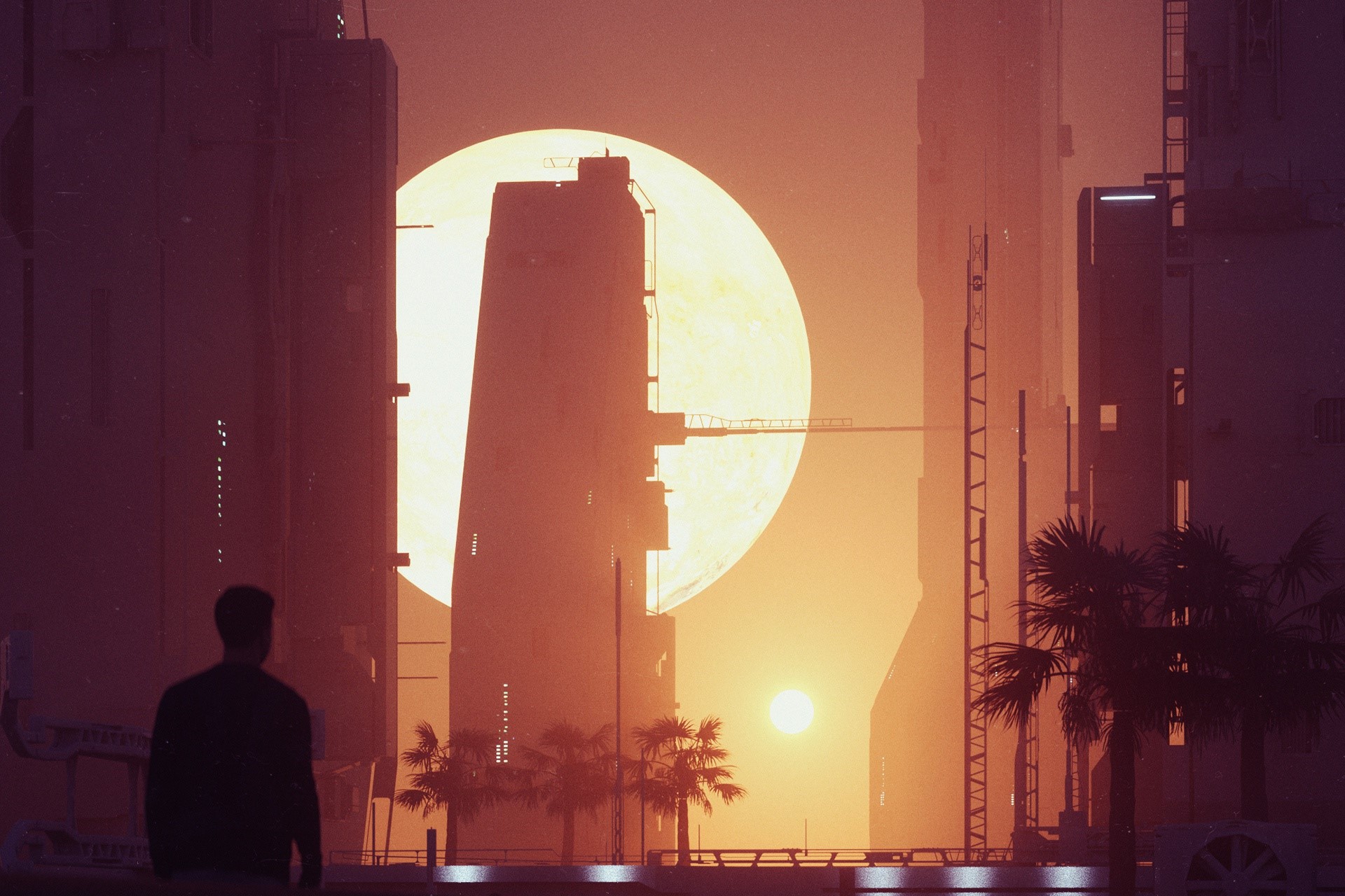 Futuristic city with a large sun and a lone figure HD Wallpaper