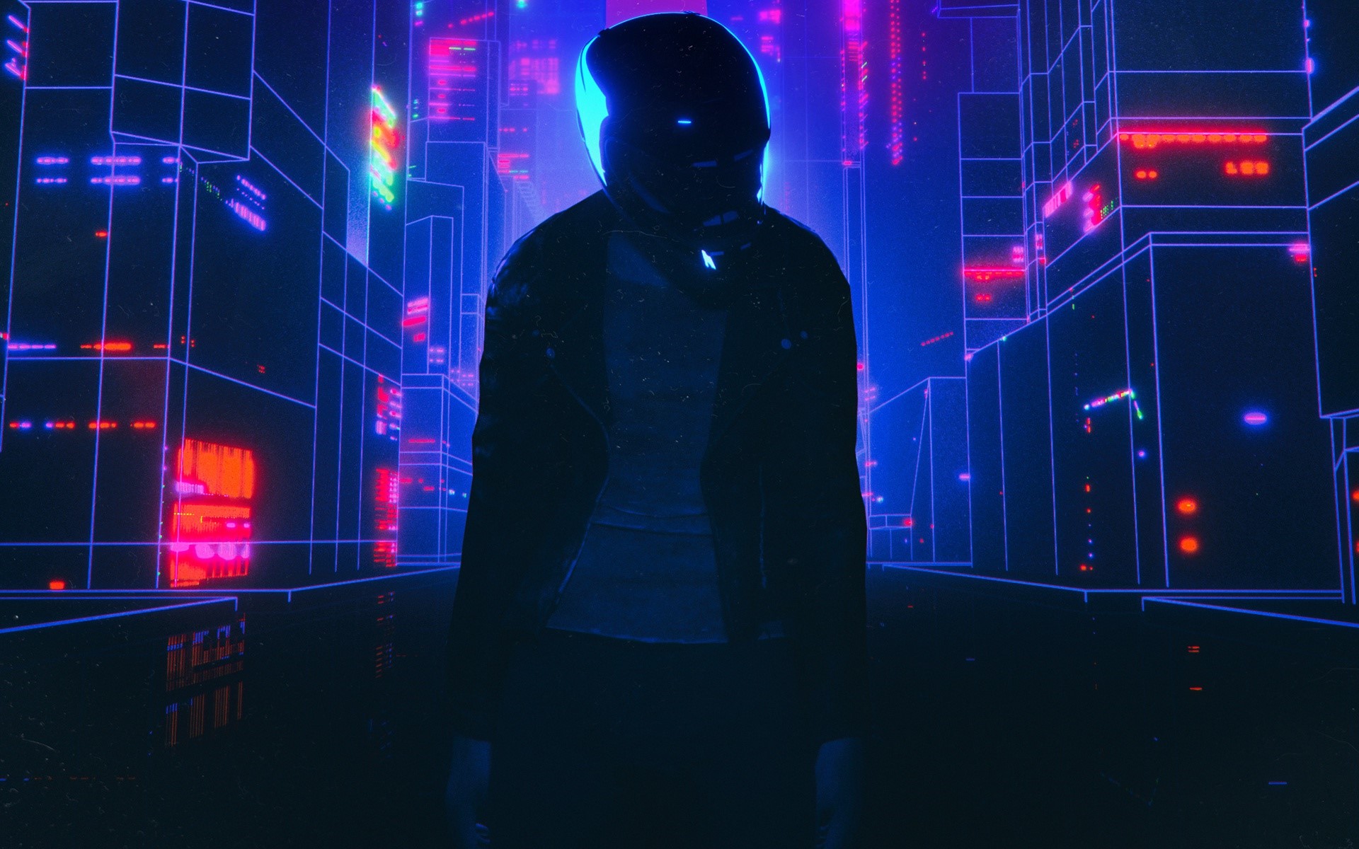 Person in a helmet in a neon city HD Wallpaper