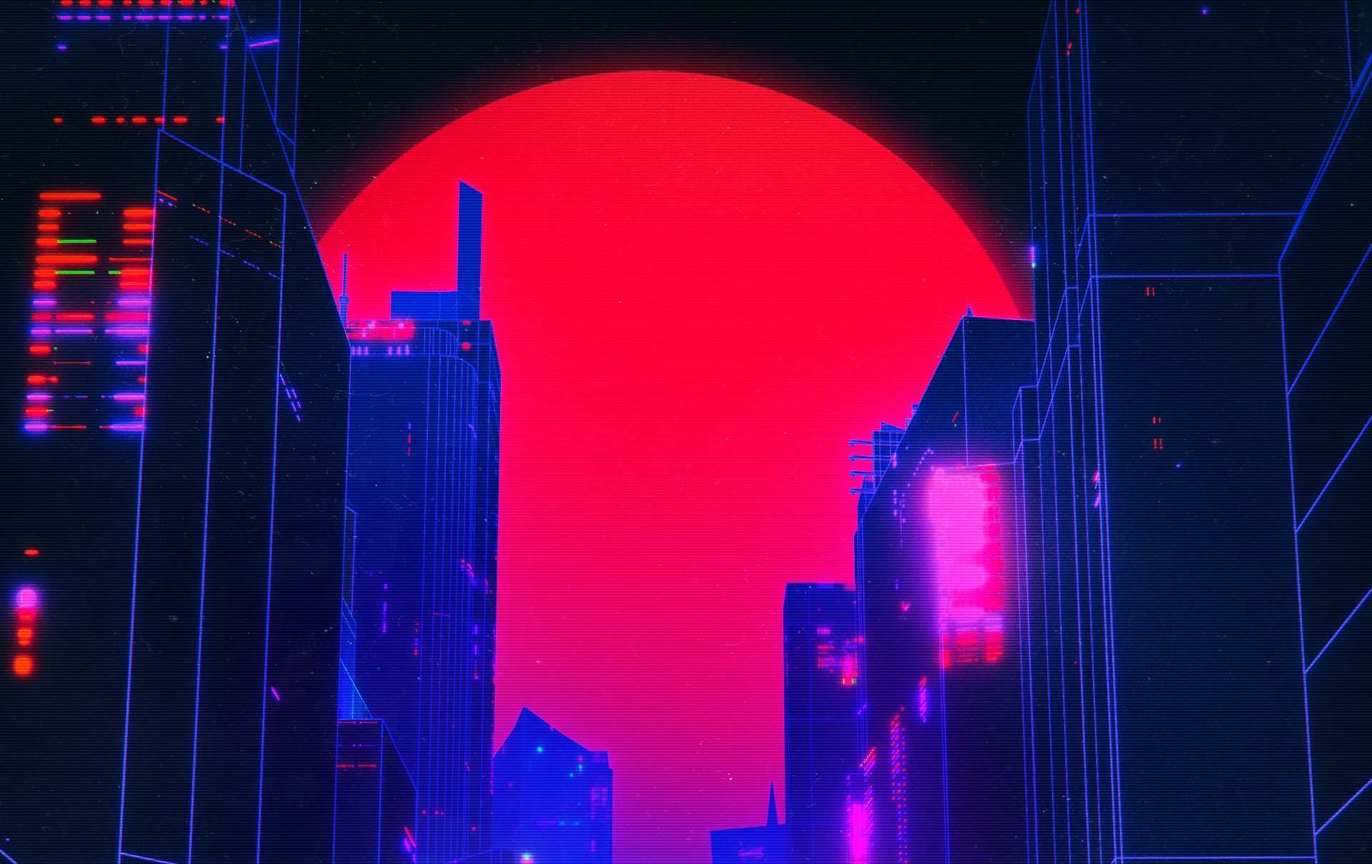 Retrowave cityscape with a large red sun HD Wallpaper