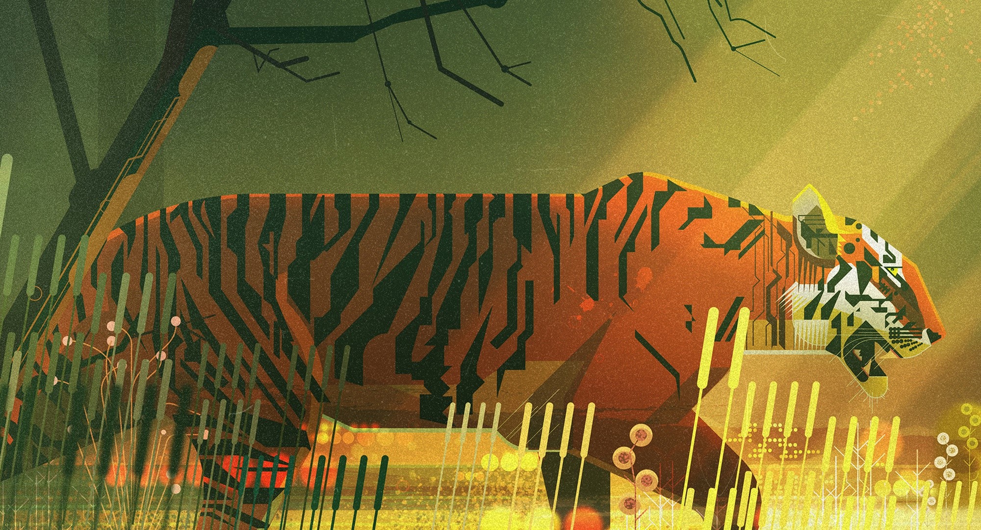Illustration of a tiger in a stylized jungle HD Wallpaper