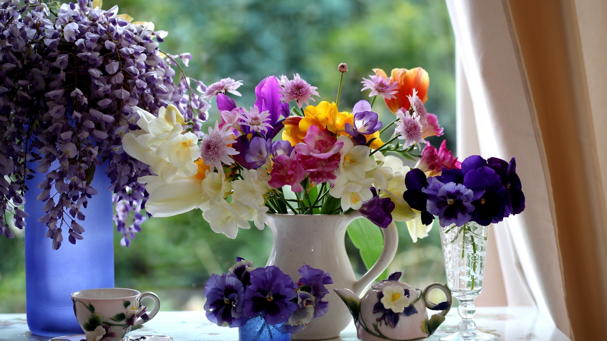 Still life with flowers, cup, and teapot HD Wallpaper