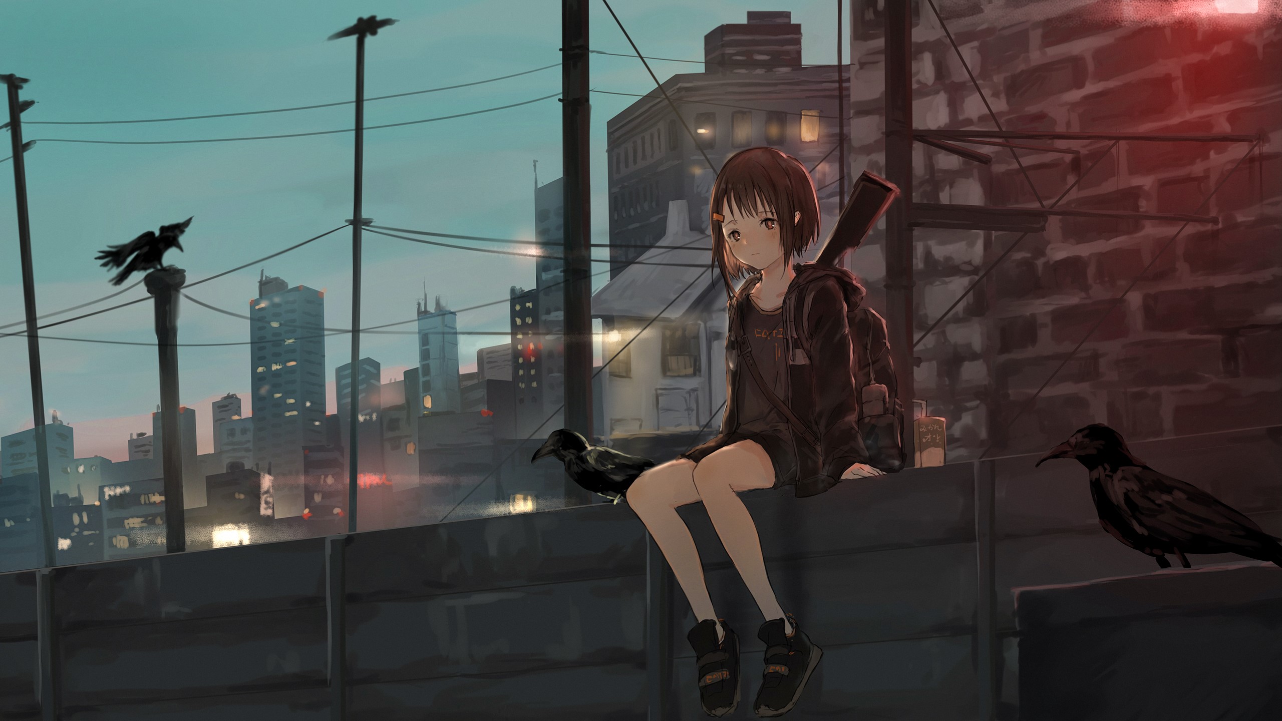 Anime girl with gun and crows on a city rooftop HD Wallpaper