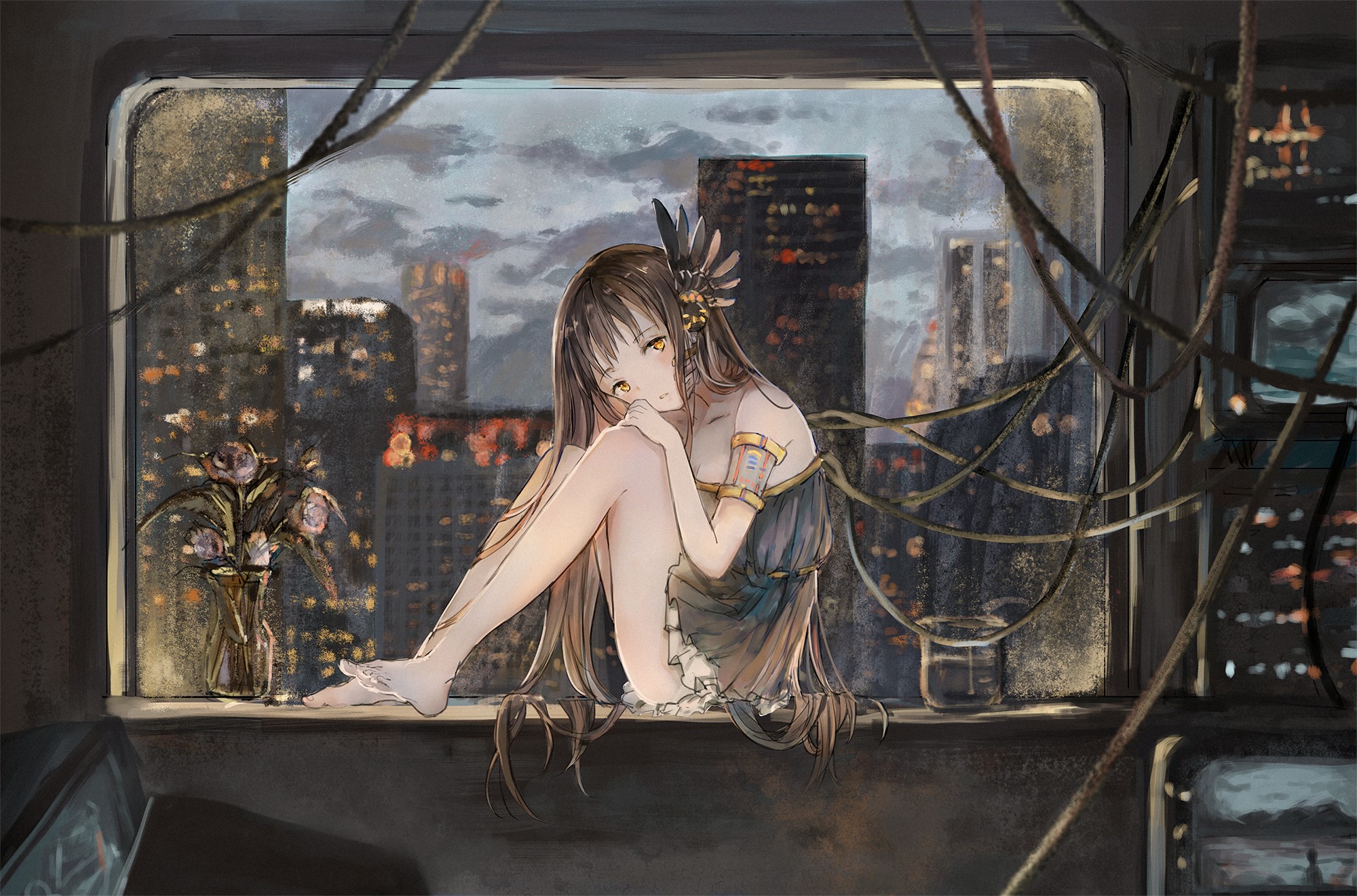 Anime girl sitting on a windowsill overlooking a city at night HD Wallpaper
