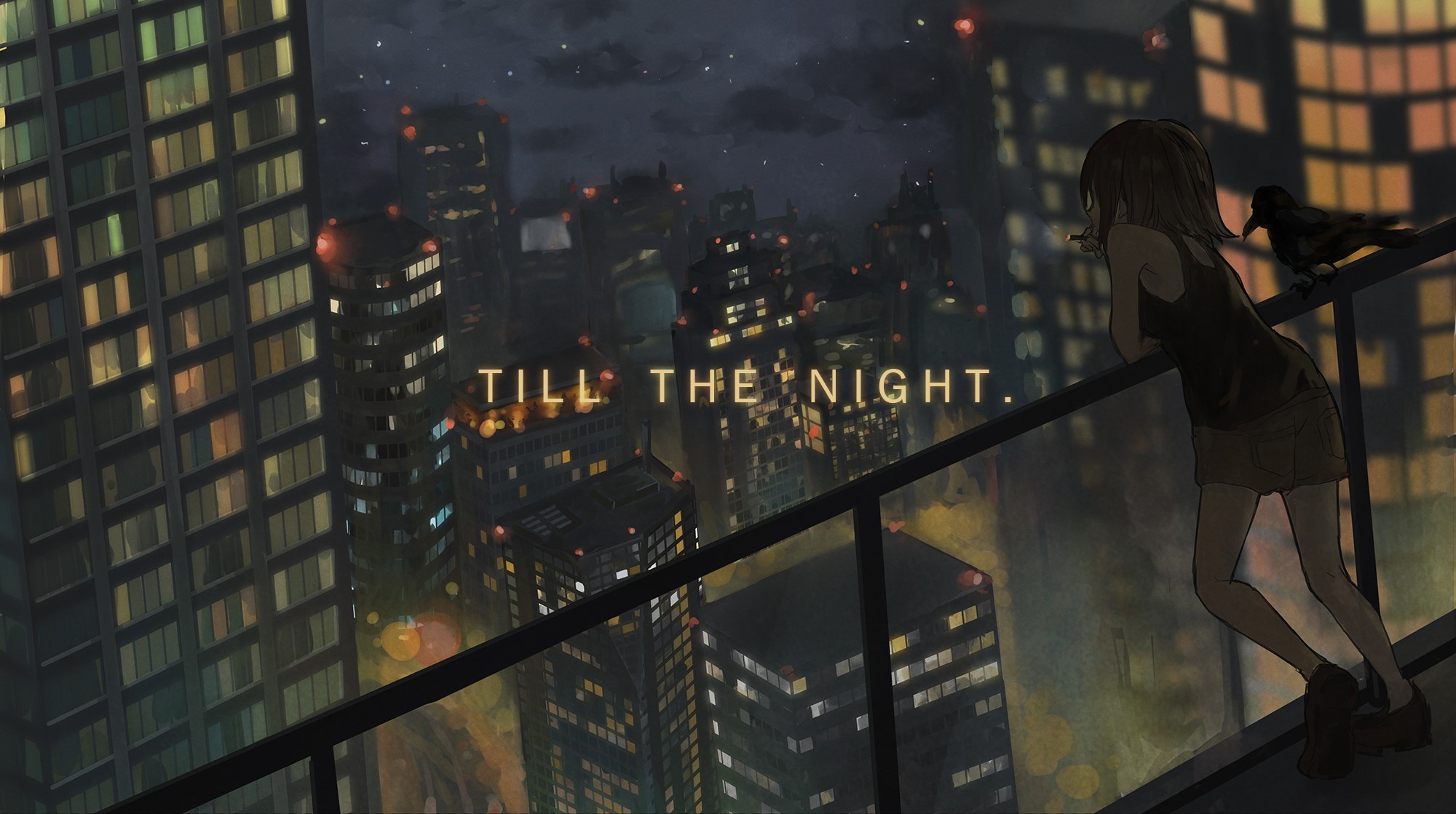Anime Girl Smoking on City Balcony at Night HD Wallpaper