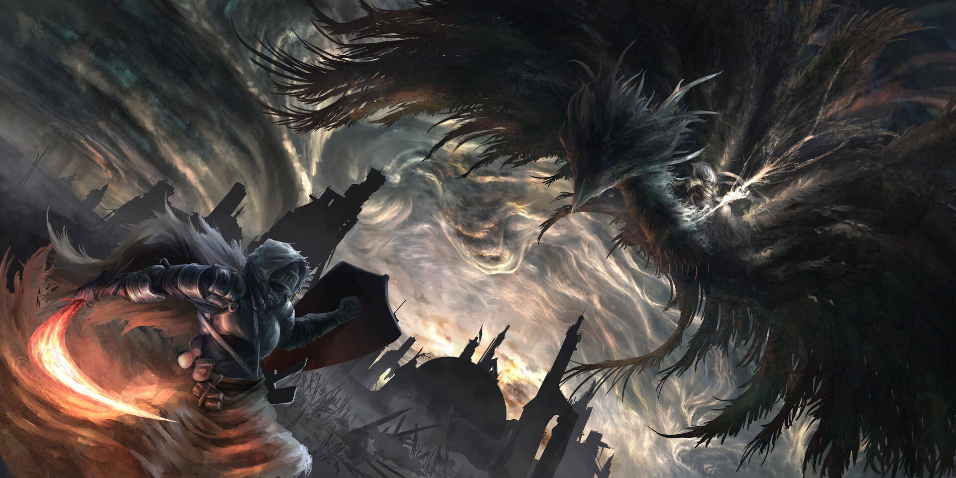 Knight fighting a large dark bird creature in Dark Souls HD Wallpaper