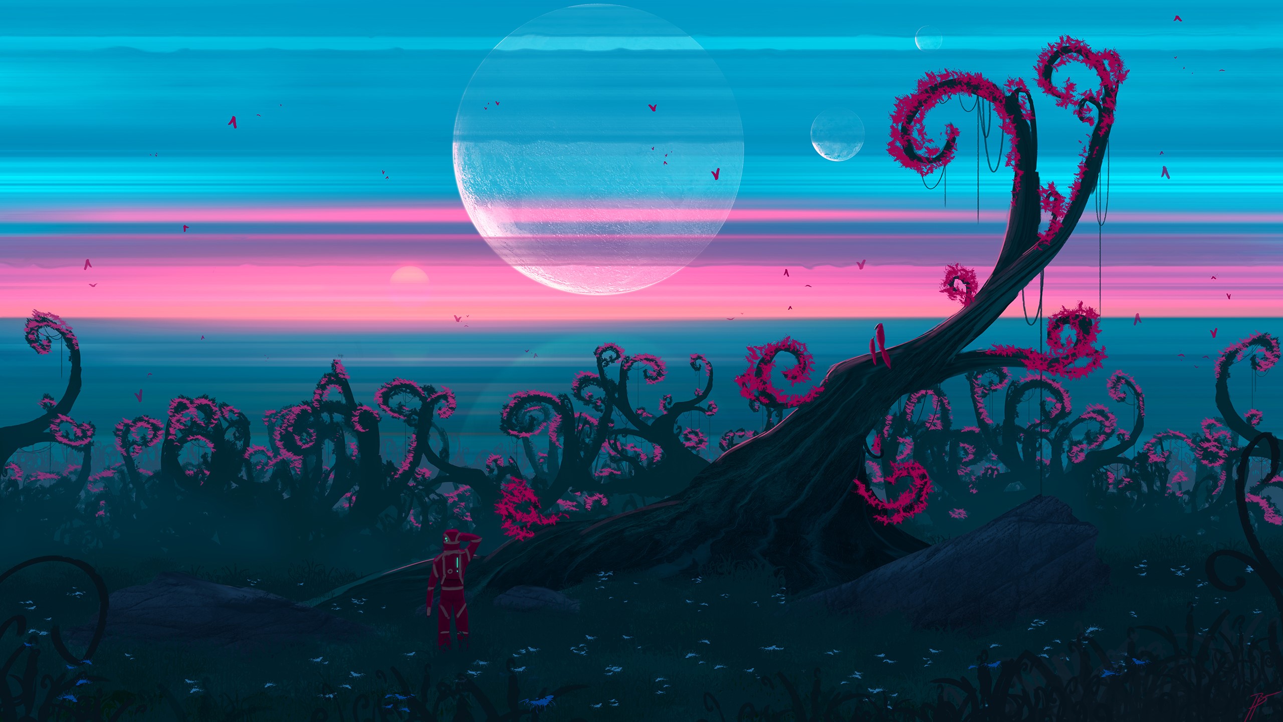 Alien landscape with pink plants and large moons HD Wallpaper