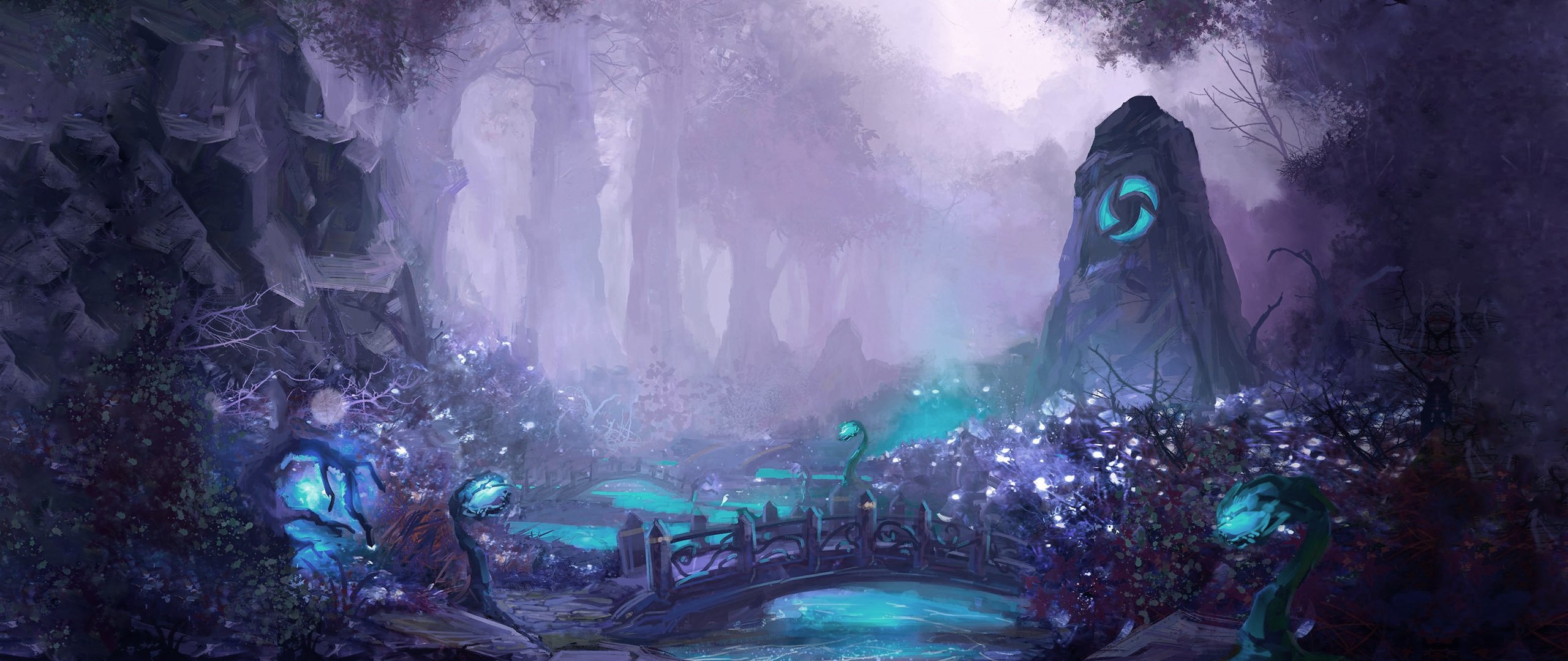 Mystical Forest with Glowing Plants and Nexus Stone HD Wallpaper