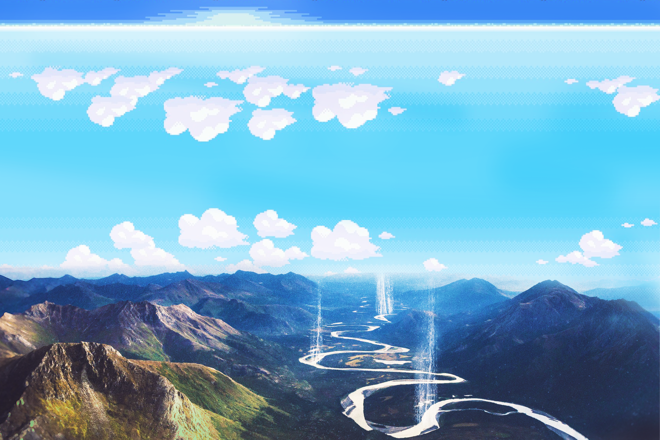 Pixelated mountain landscape with a winding river and waterfalls HD Wallpaper