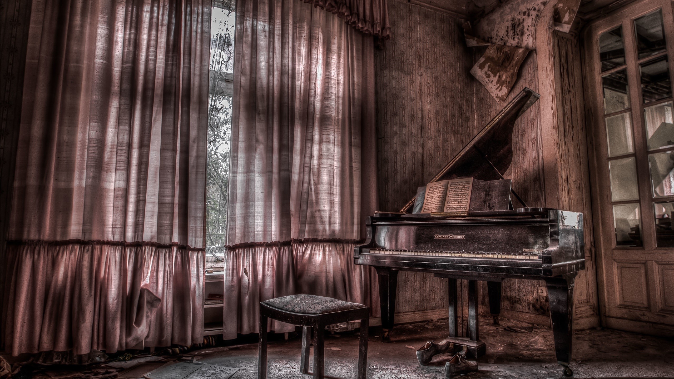 Abandoned room with a grand piano and curtains HD Wallpaper