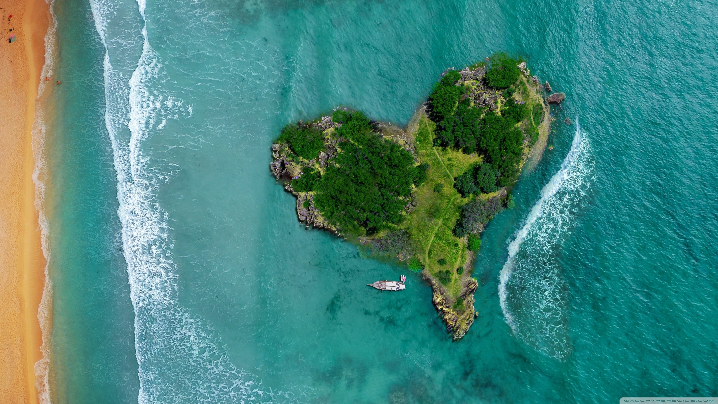Heart-shaped island with trees and a boat HD Wallpaper