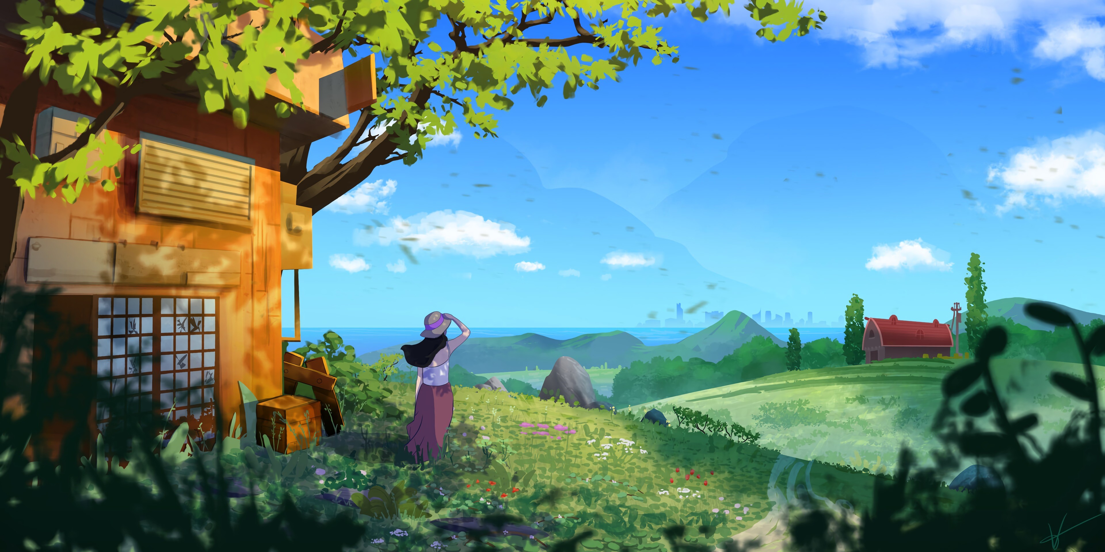 Illustration of a person looking at a landscape with buildings and mountains HD Wallpaper