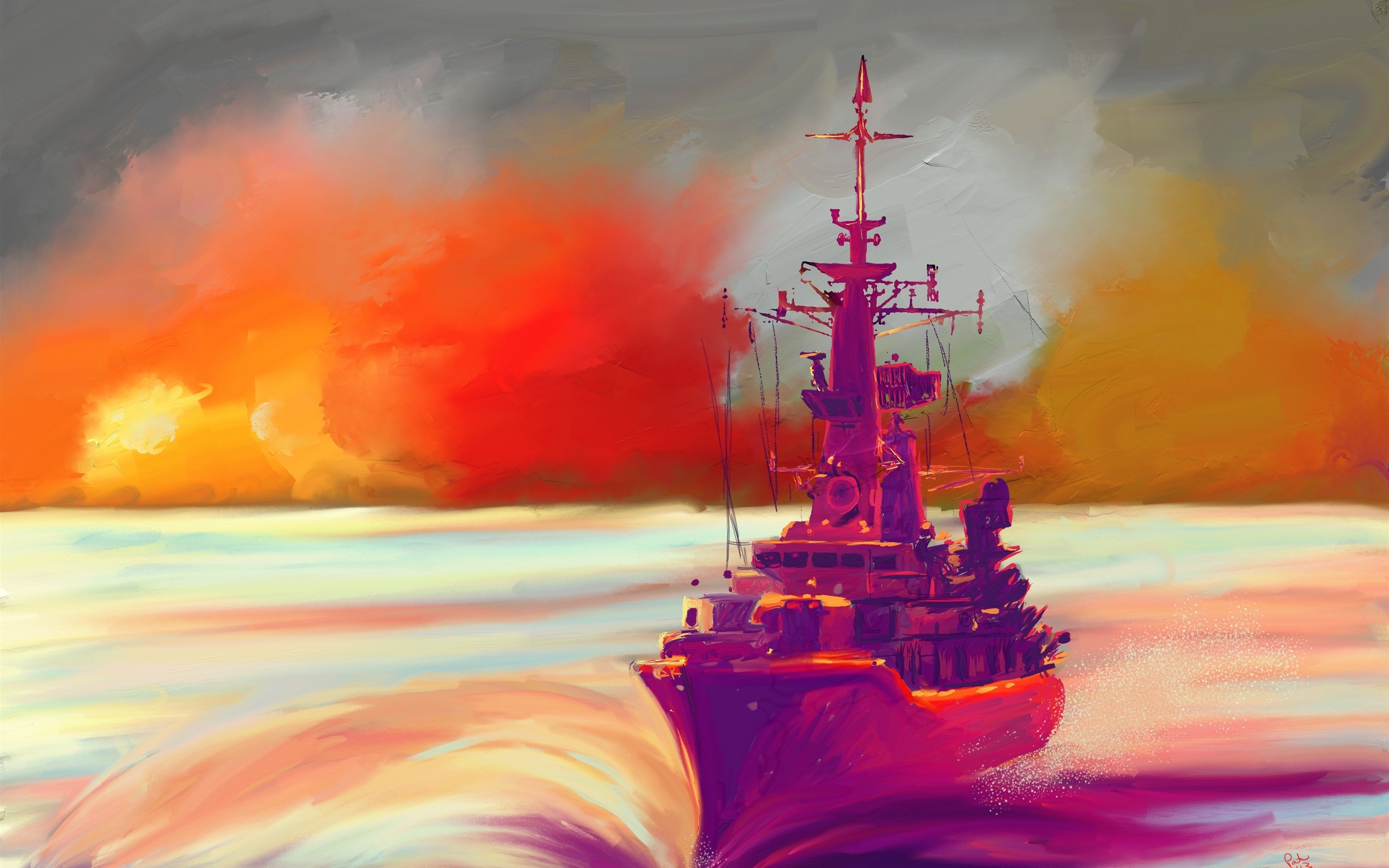 Ship sailing through rough, colorful seas under dramatic clouds HD Wallpaper