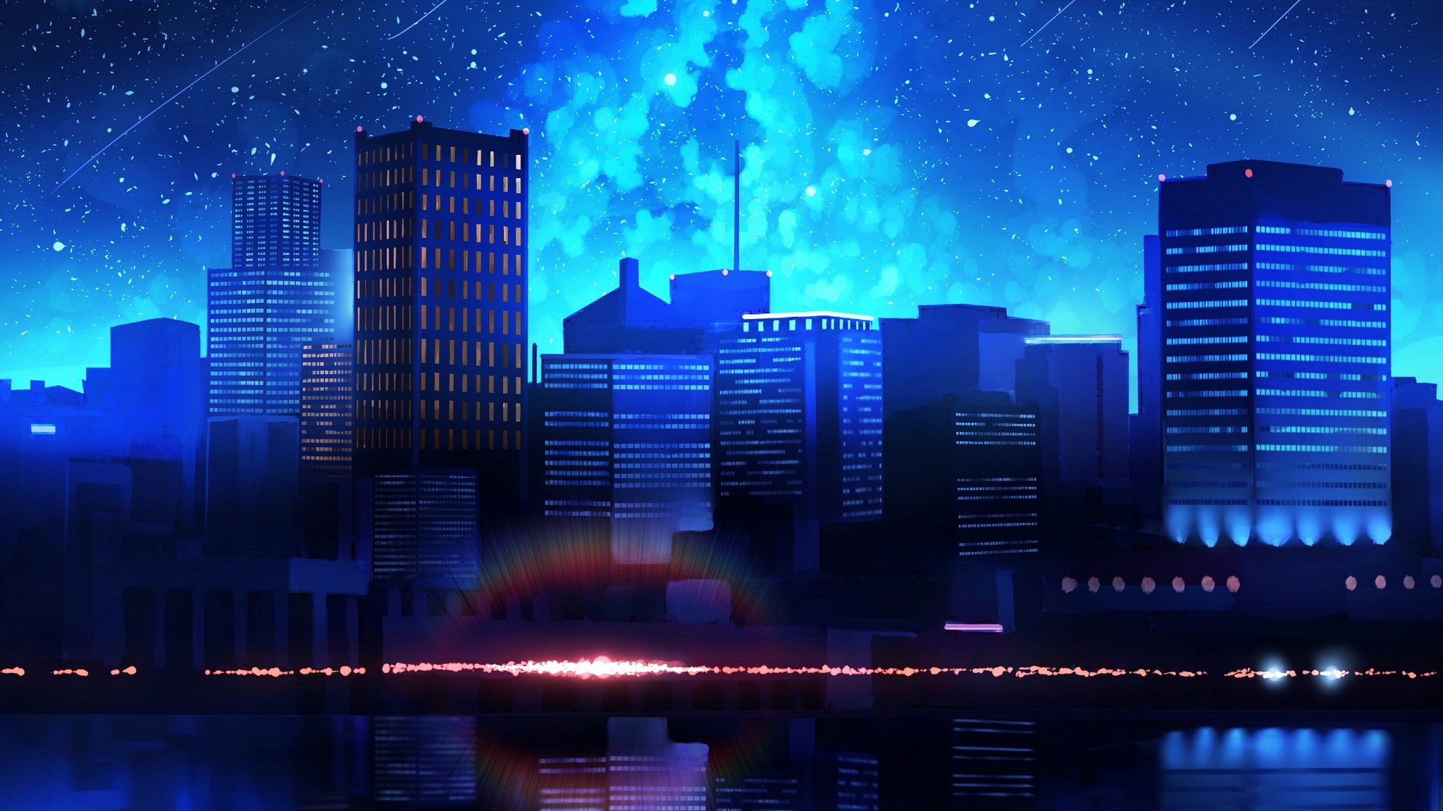 City skyline at night with starry sky and water reflection HD Wallpaper