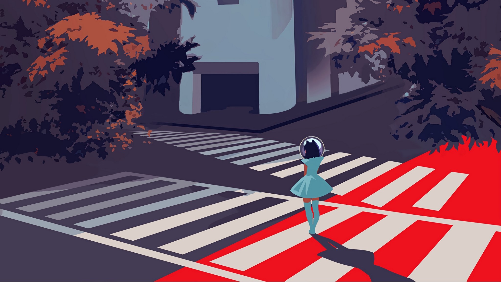 Woman in astronaut helmet on crosswalk HD Wallpaper