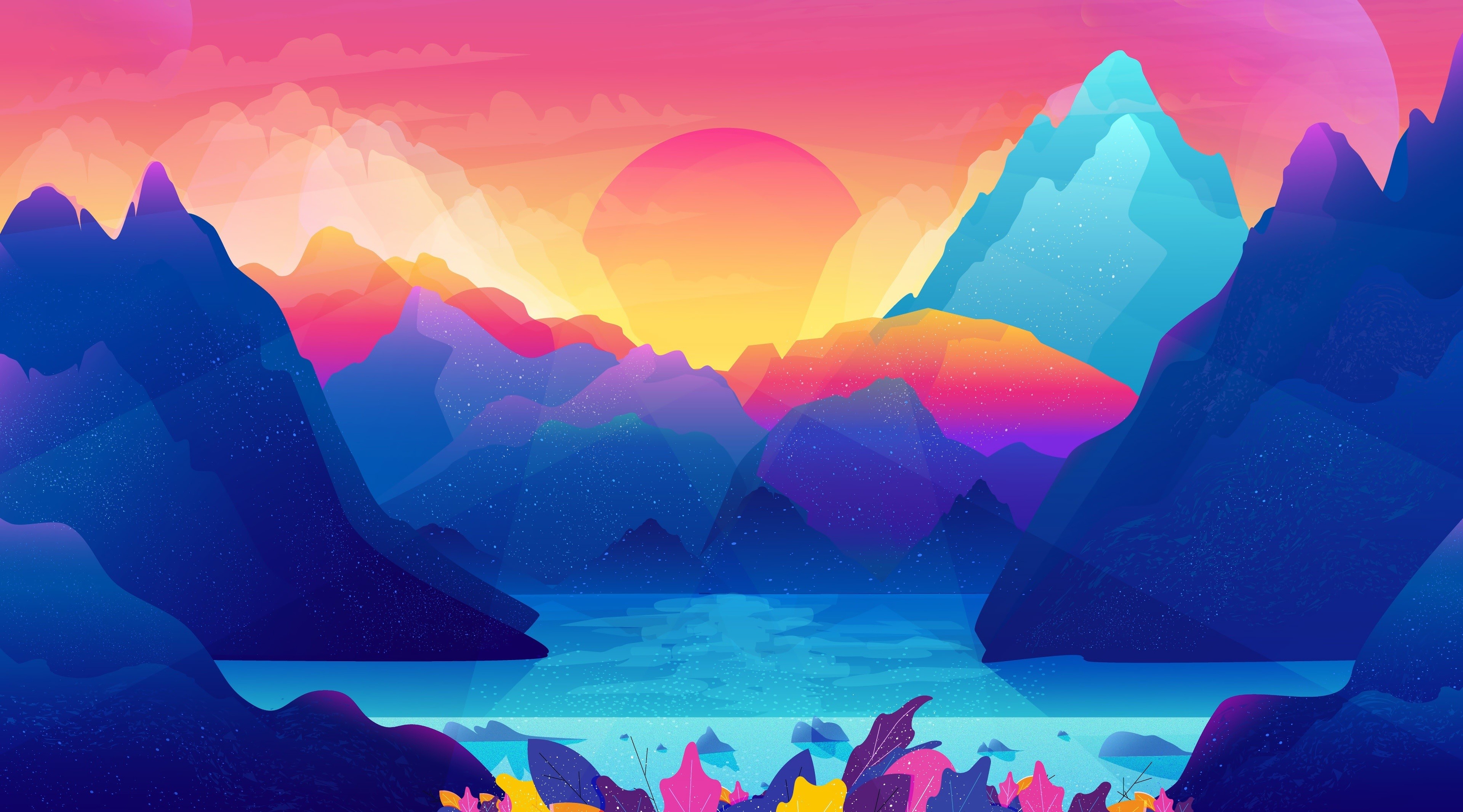 Colorful abstract mountain landscape with sun and water HD Wallpaper