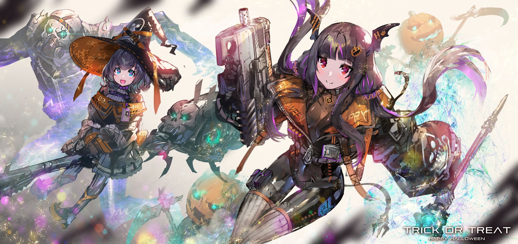 Anime girls with guns and Halloween theme HD Wallpaper