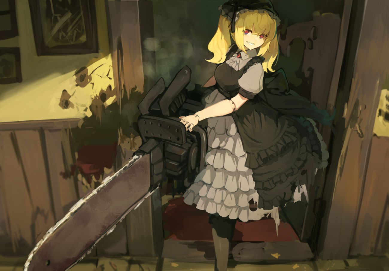 Anime girl with blonde hair and a chainsaw HD Wallpaper