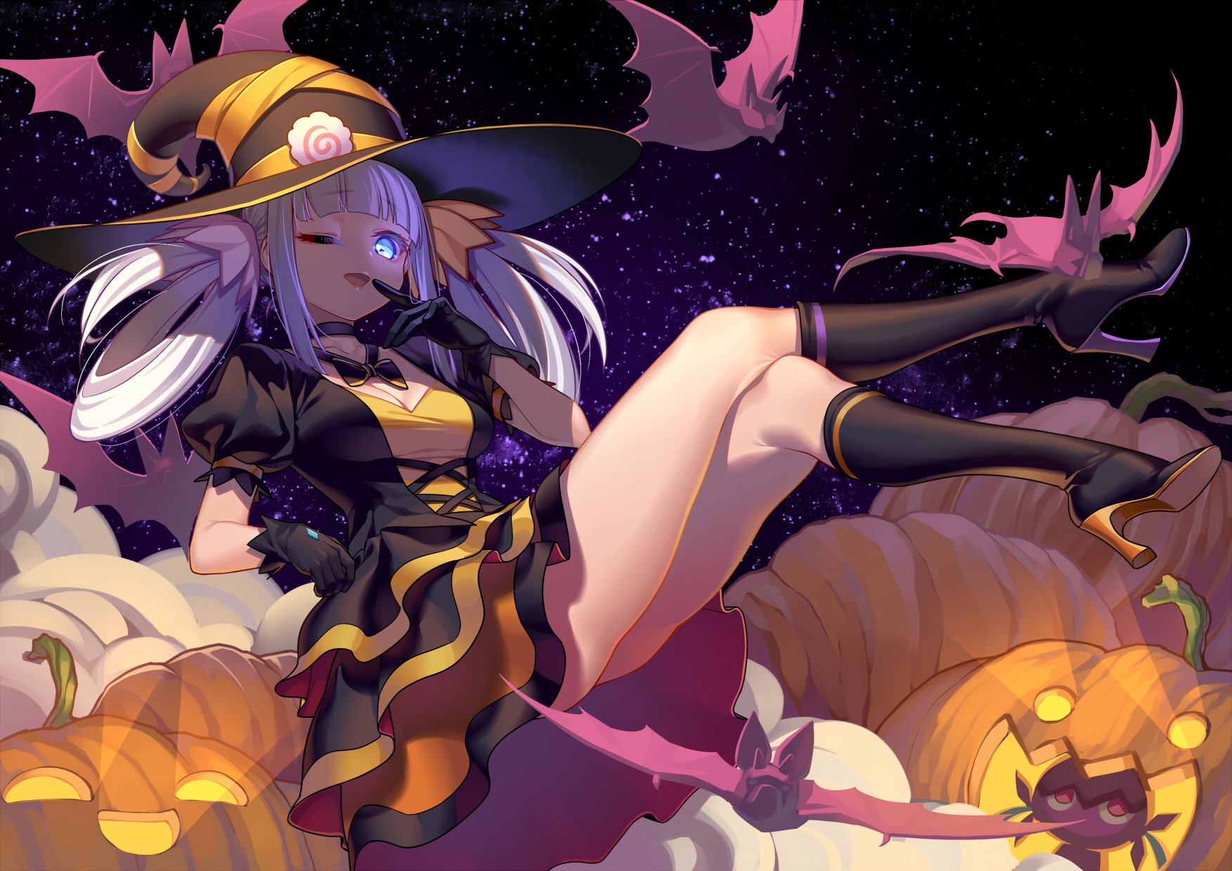 Anime witch girl with pumpkins and bats HD Wallpaper