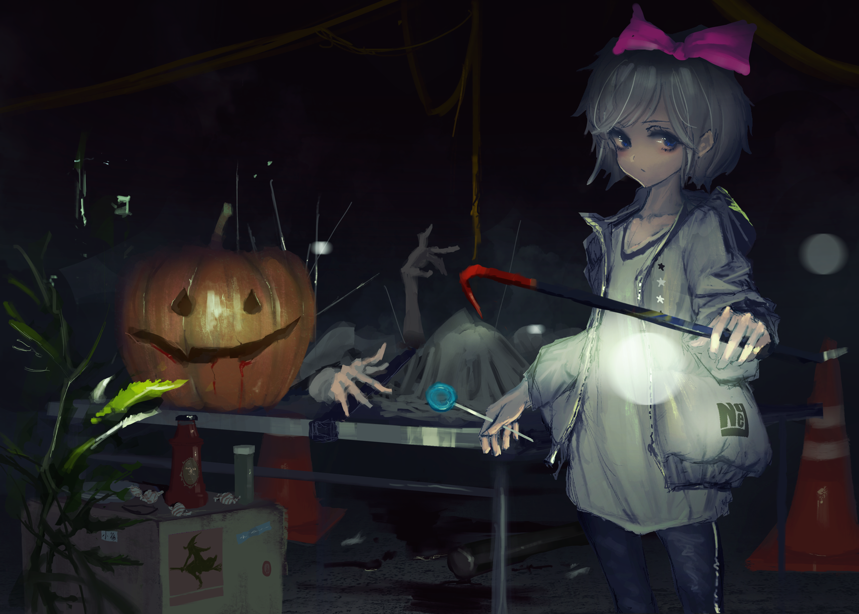 Girl with crowbar and pumpkin on gurney HD Wallpaper