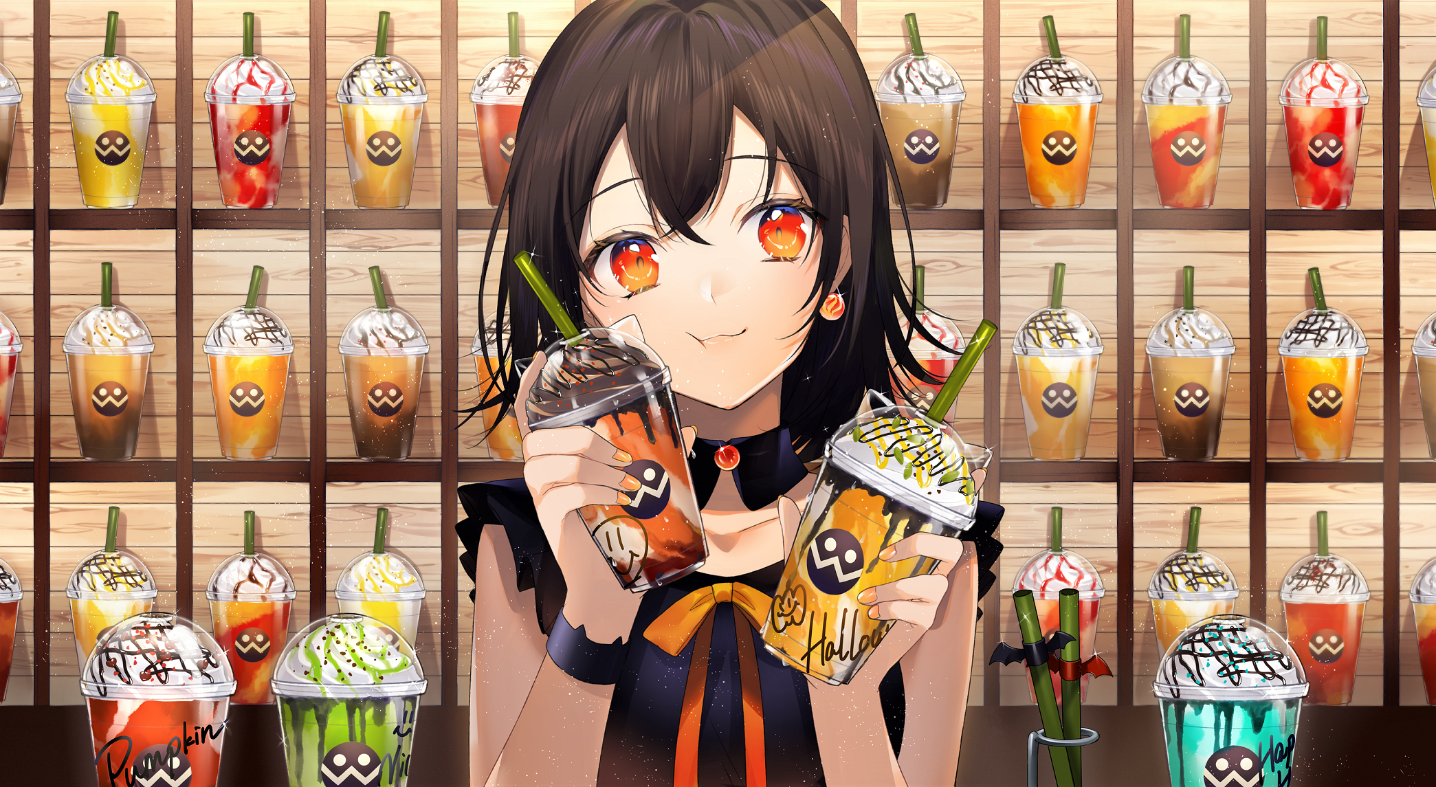 Anime girl holding Halloween themed drinks HD Wallpaper